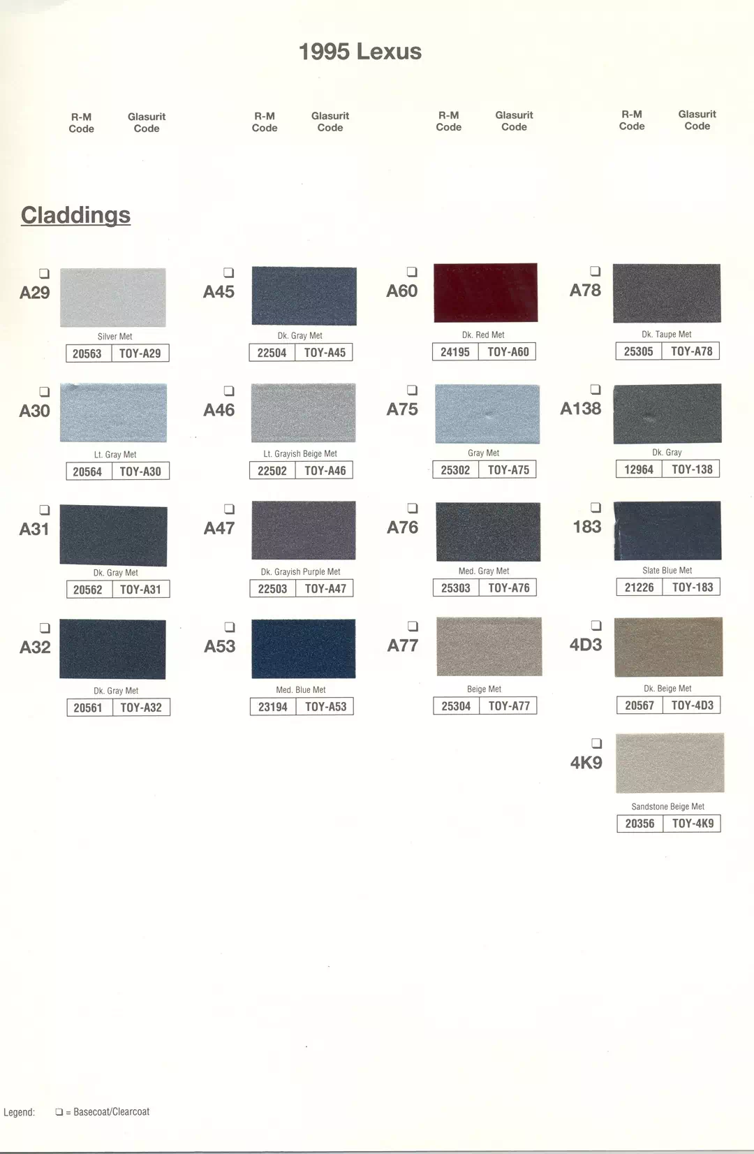 1995 Lexus Paint Codes and Color Chart Toyota and lexus vehicle paint codes for exterior cars, ordering codes and color shades