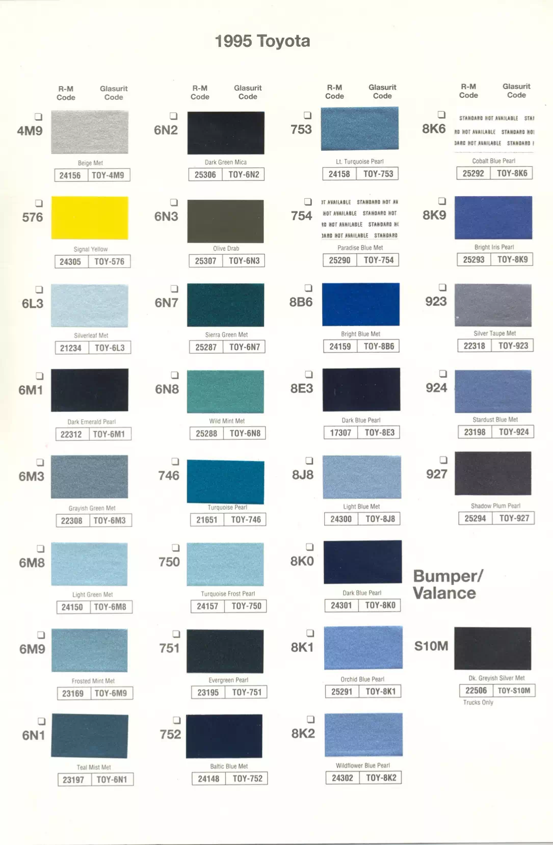 1995 Toyota Paint Codes and Color Chart Toyota and lexus vehicle paint codes for exterior cars, ordering codes and color shades