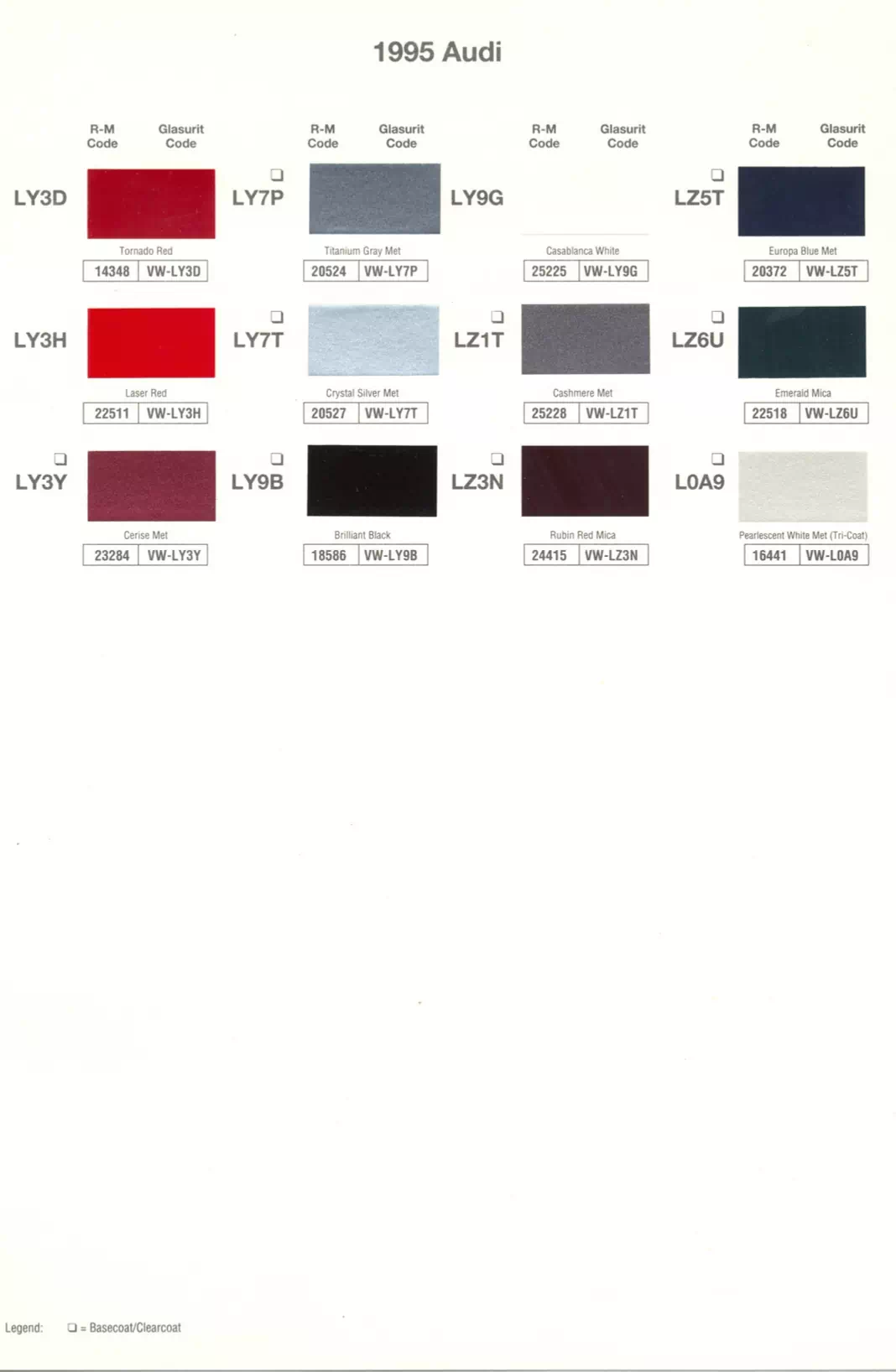 1995 Audi Paint Codes & Color Chart Paint color examples, their ordering codes, the oem color code, and vehicles the color was used on