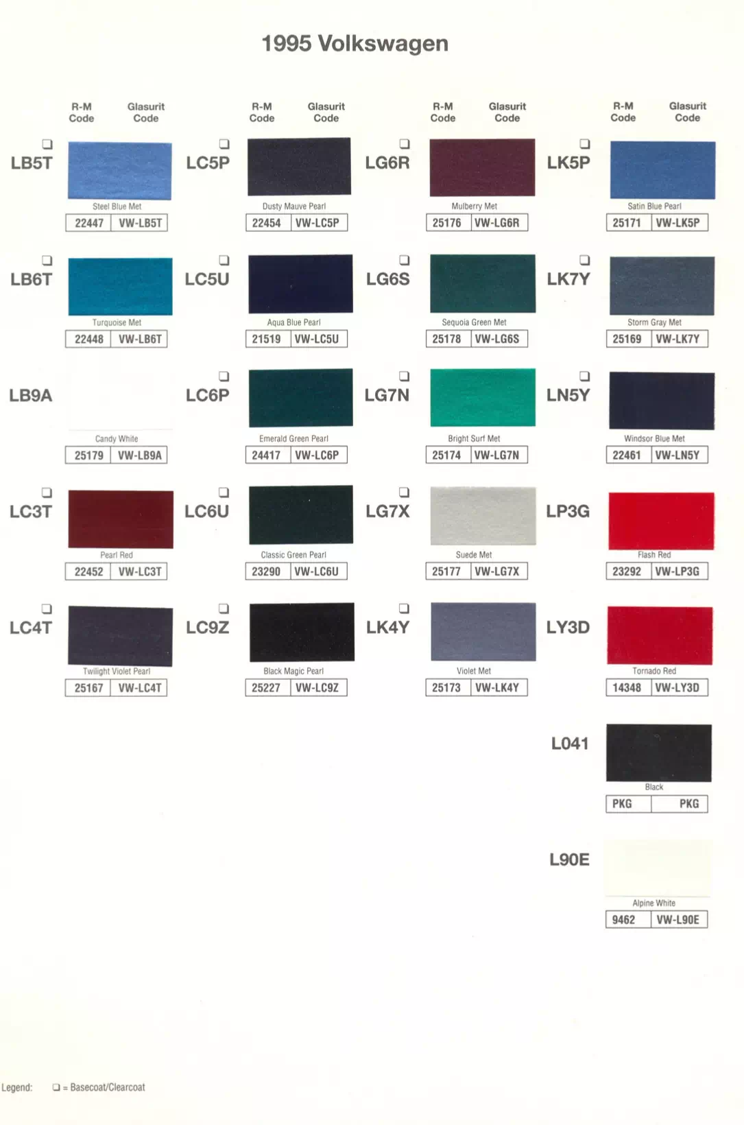 1995 Volkswagen Paint Codes & Color Chart Paint color examples, their ordering codes, the oem color code, and vehicles the color was used on