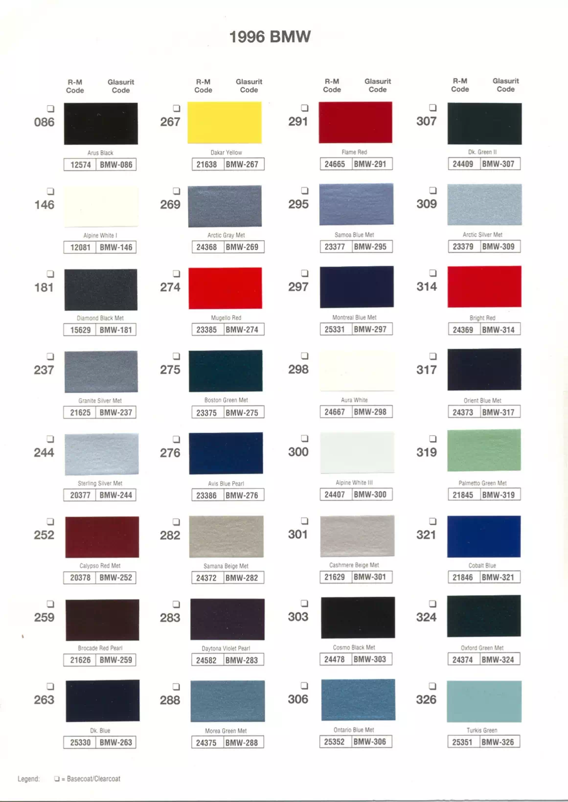 1996 BMW Paint Codes & Color Chart Paint color examples, their ordering codes, the oem color code, and vehicles the color was used on