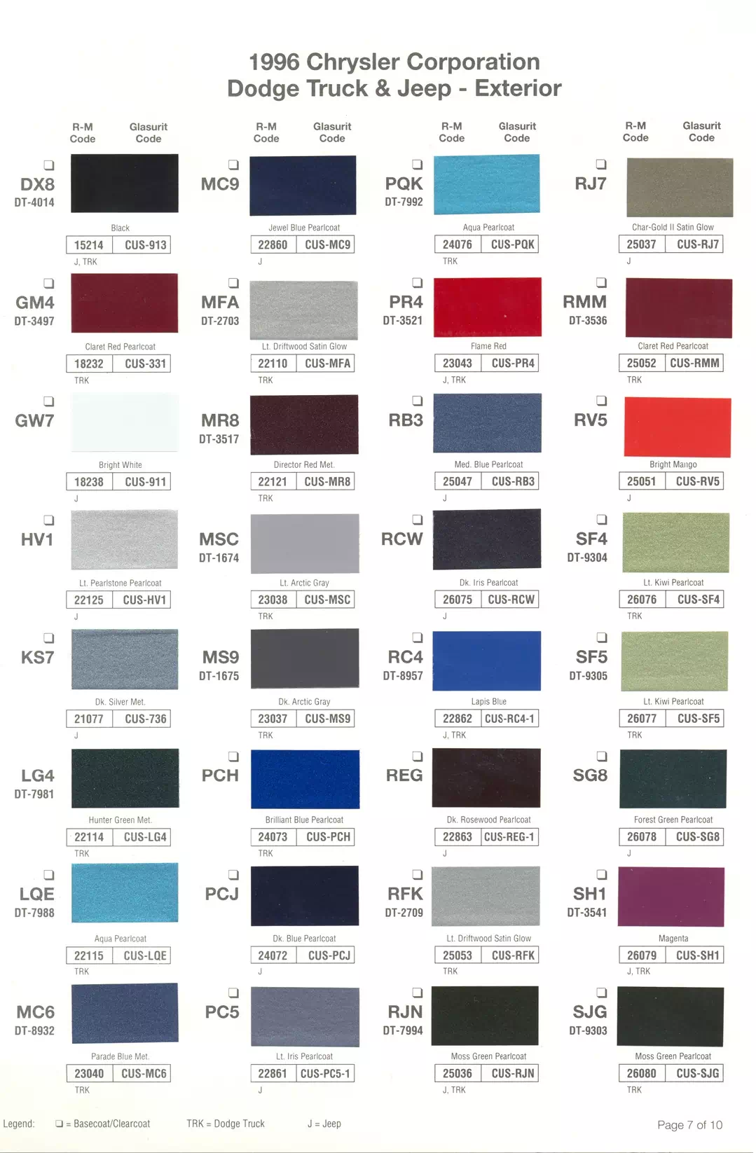 1996 Chrysler, Dodge, Jeep & Plymouth Paint Codes & Color Chart Paint color examples, their ordering codes, the oem color code, and vehicles the color was used on