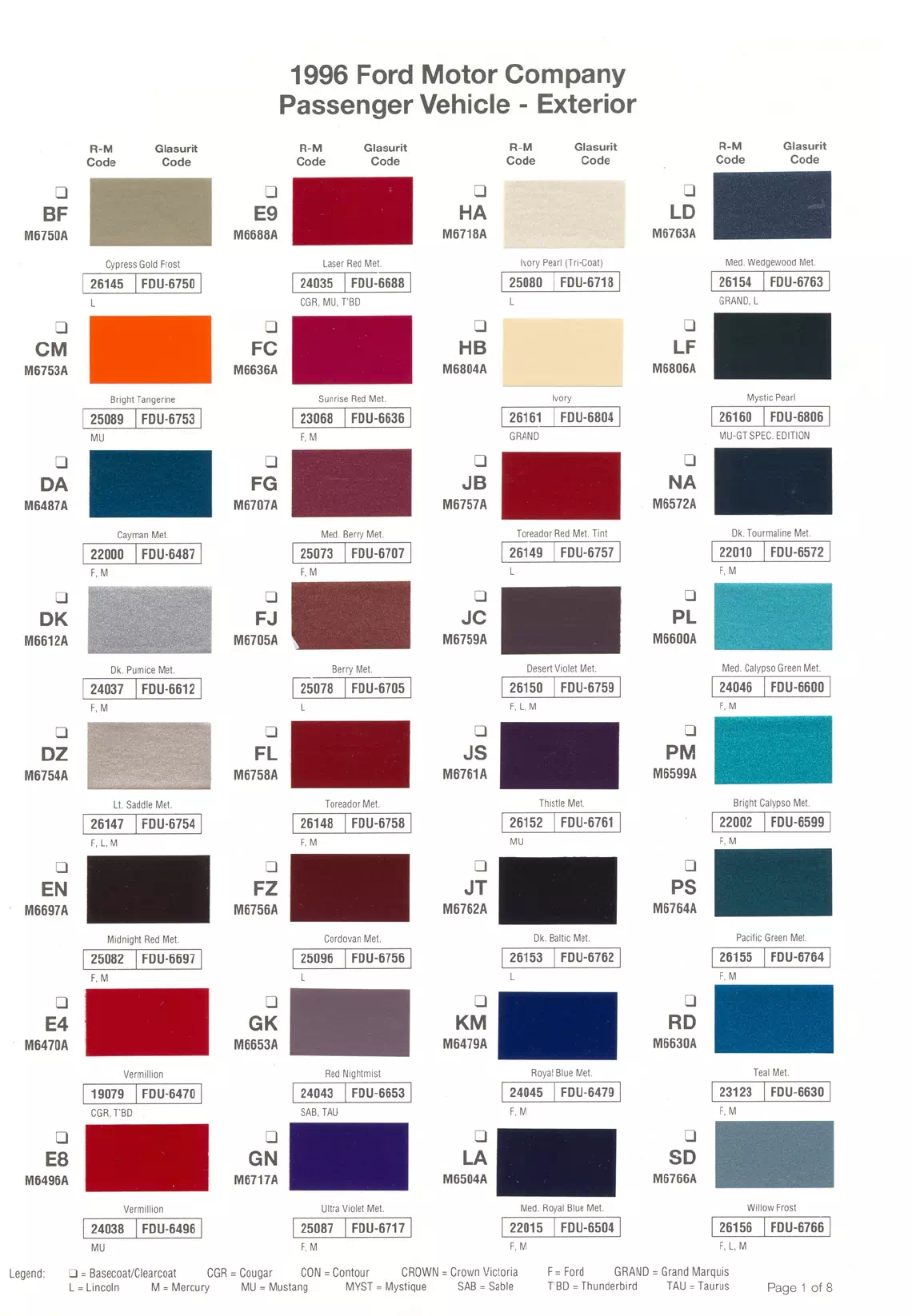 1996 Ford, Lincoln & Mercury Paint Codes & Color Chart Paint color examples, their ordering codes, the oem color code, and vehicles the color was used on
