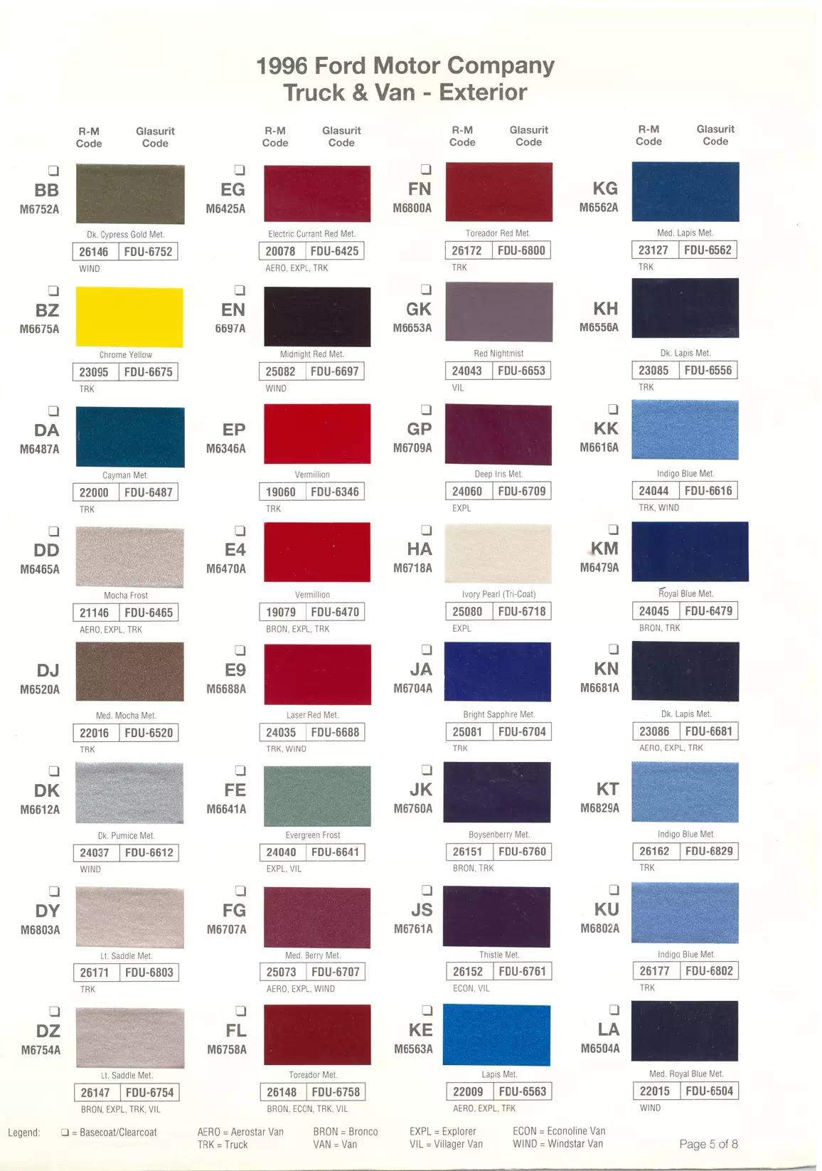 1996 Ford, Lincoln & Mercury Paint Codes & Color Chart Paint color examples, their ordering codes, the oem color code, and vehicles the color was used on