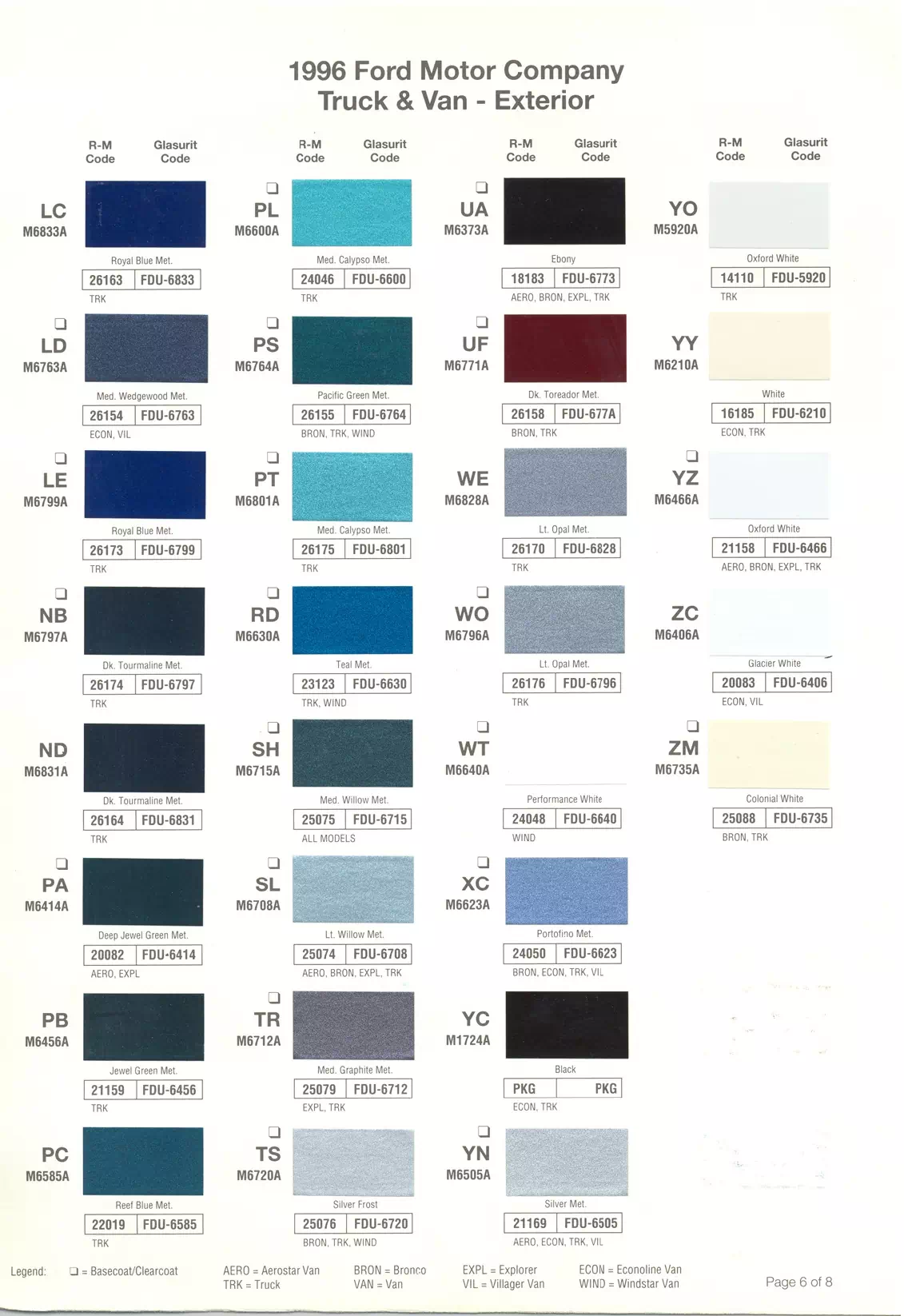 1996 Ford, Lincoln & Mercury Paint Codes & Color Chart Paint color examples, their ordering codes, the oem color code, and vehicles the color was used on