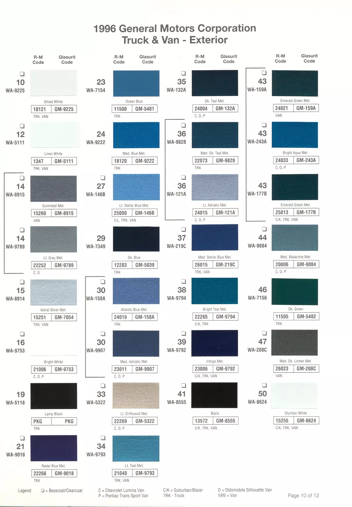 1996 General Motors Paint Codes & Color Chart Paint color examples, their ordering codes, the oem color code, and vehicles the color was used on