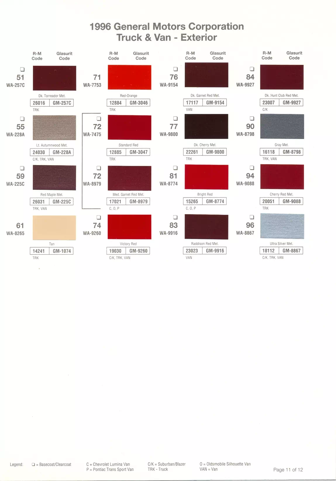 1996 General Motors Paint Codes & Color Chart Paint color examples, their ordering codes, the oem color code, and vehicles the color was used on