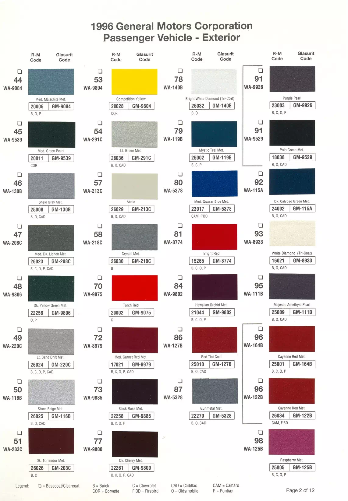 1996 General Motors Paint Codes & Color Chart Paint color examples, their ordering codes, the oem color code, and vehicles the color was used on
