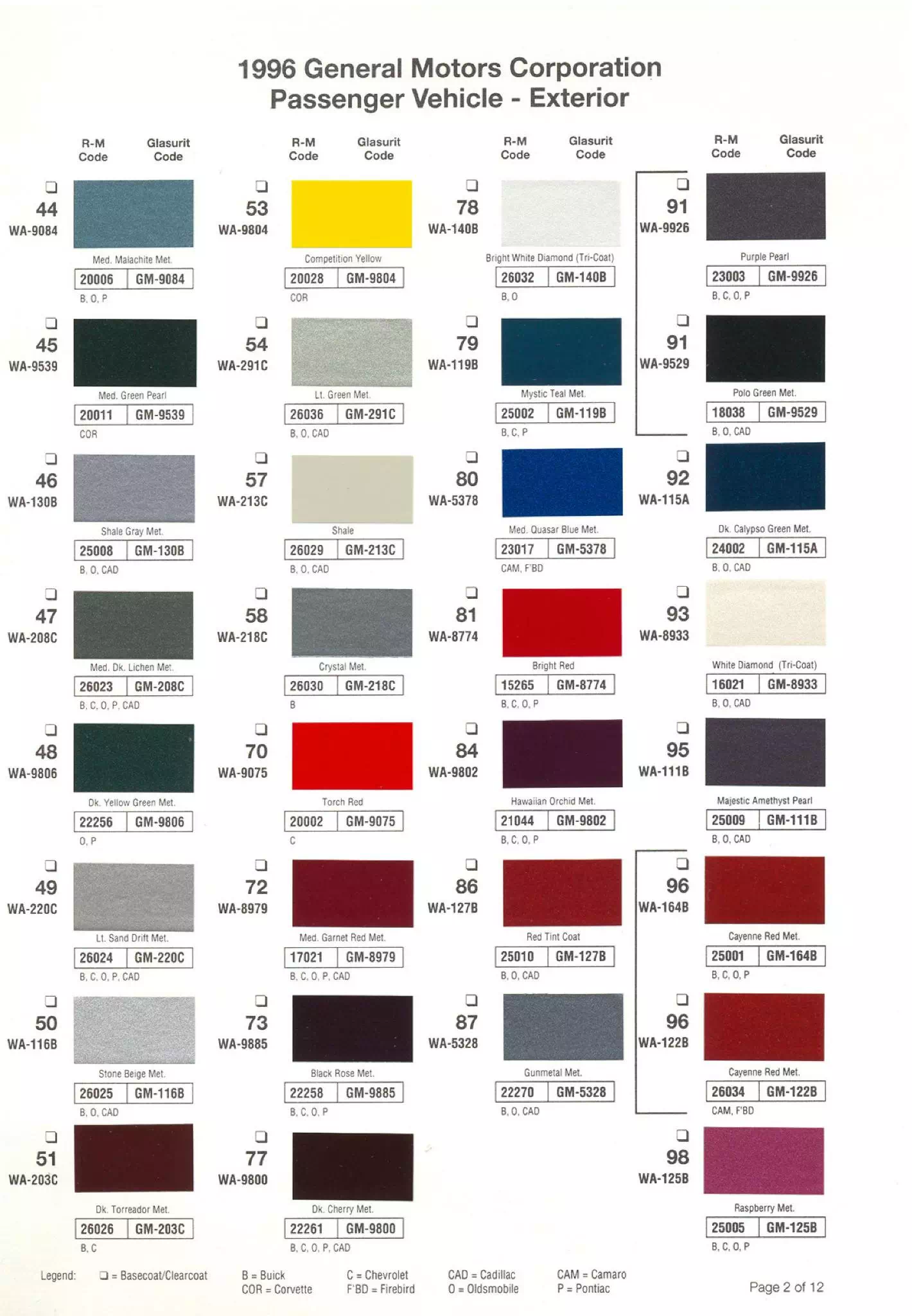 Colors used on General Motors Vehicles and the codes to mix that color