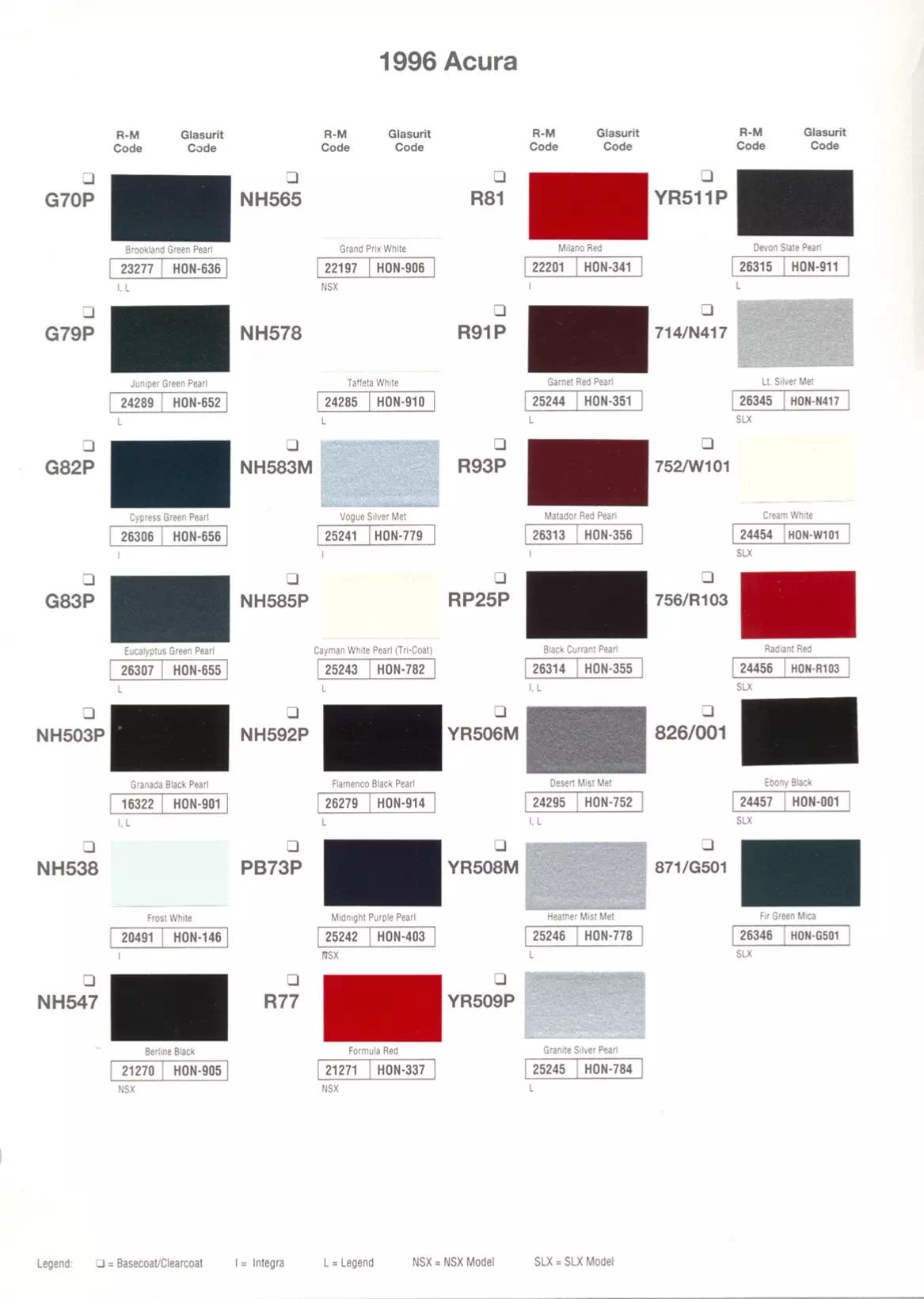 1996 Acura Paint Codes & Color Chart Paint color examples, their ordering codes, the oem color code, and vehicles the color was used on