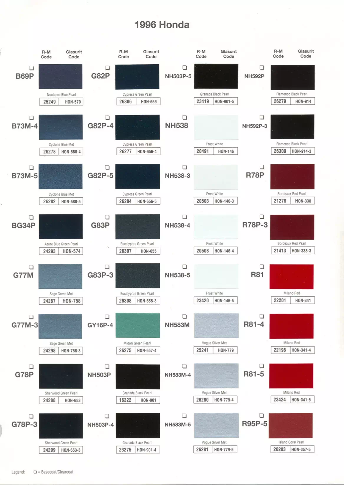 1996 Honda Paint Codes & Color Chart Paint color examples, their ordering codes, the oem color code, and vehicles the color was used on