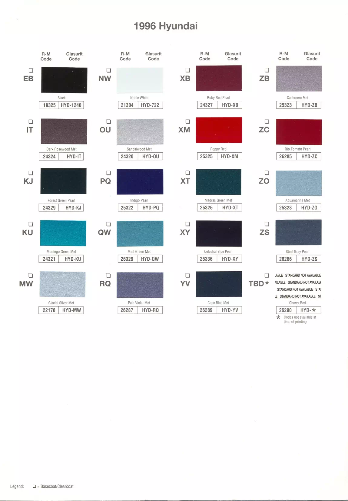 1996 Hyundai Paint Codes & Color Chart Paint color examples, their ordering codes, the oem color code, and vehicles the color was used on