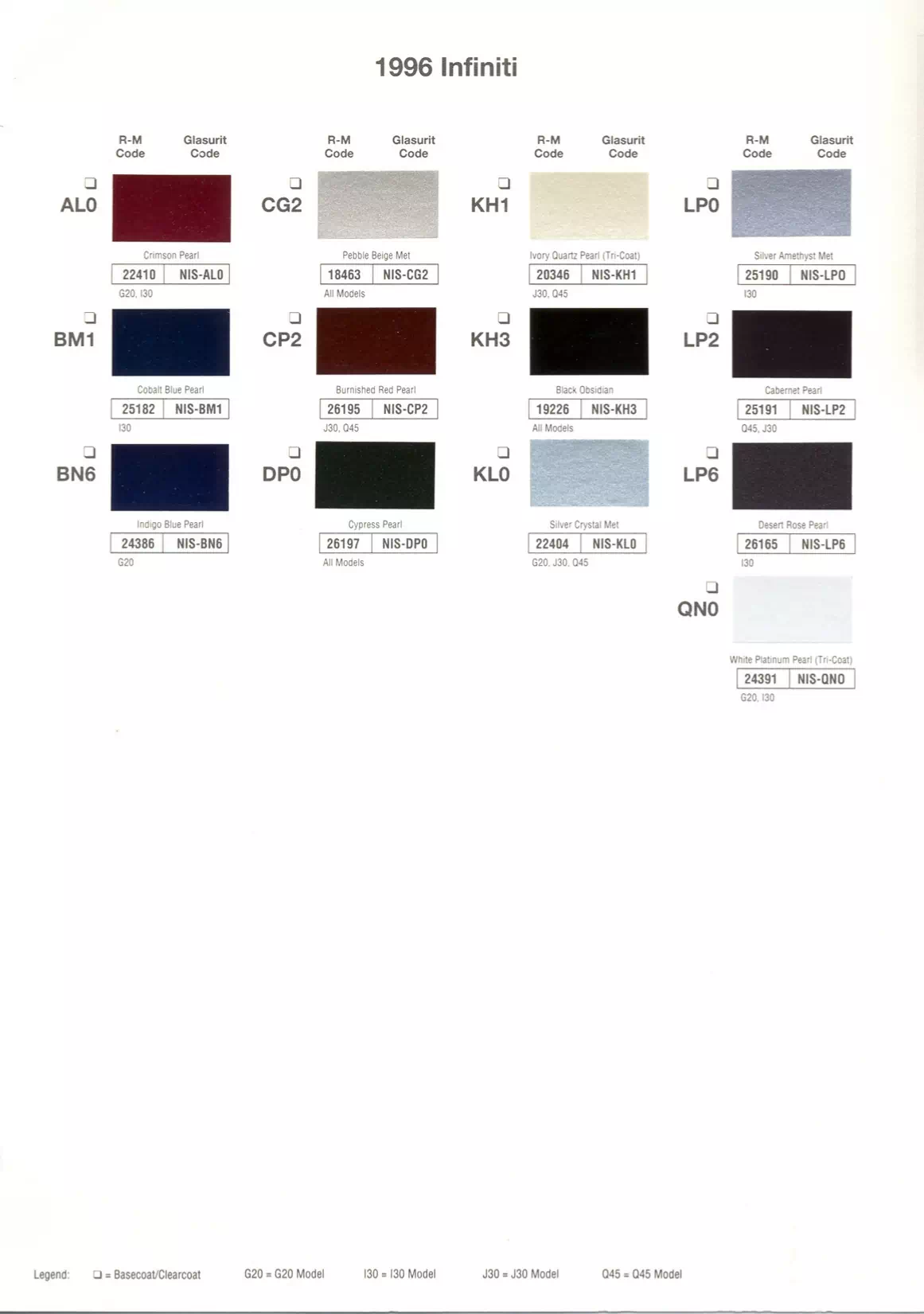 1996 Infiniti Paint Codes & Color Chart Paint color examples, their ordering codes, the oem color code, and vehicles the color was used on