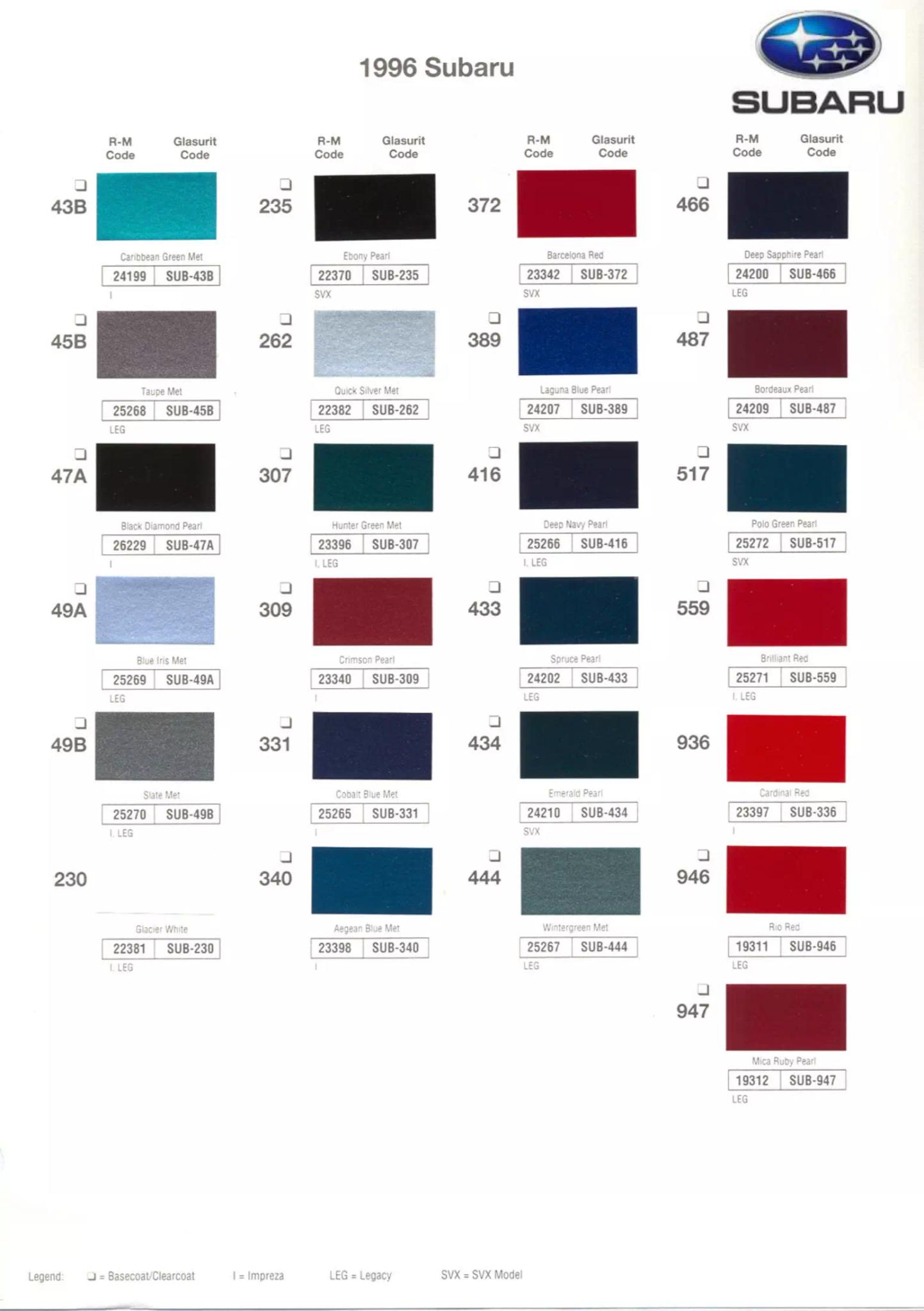 1996 Subaru Paint Chart1999 Subaru Paint Chart and Color Codes Paint Color and Codes Used By Subaru