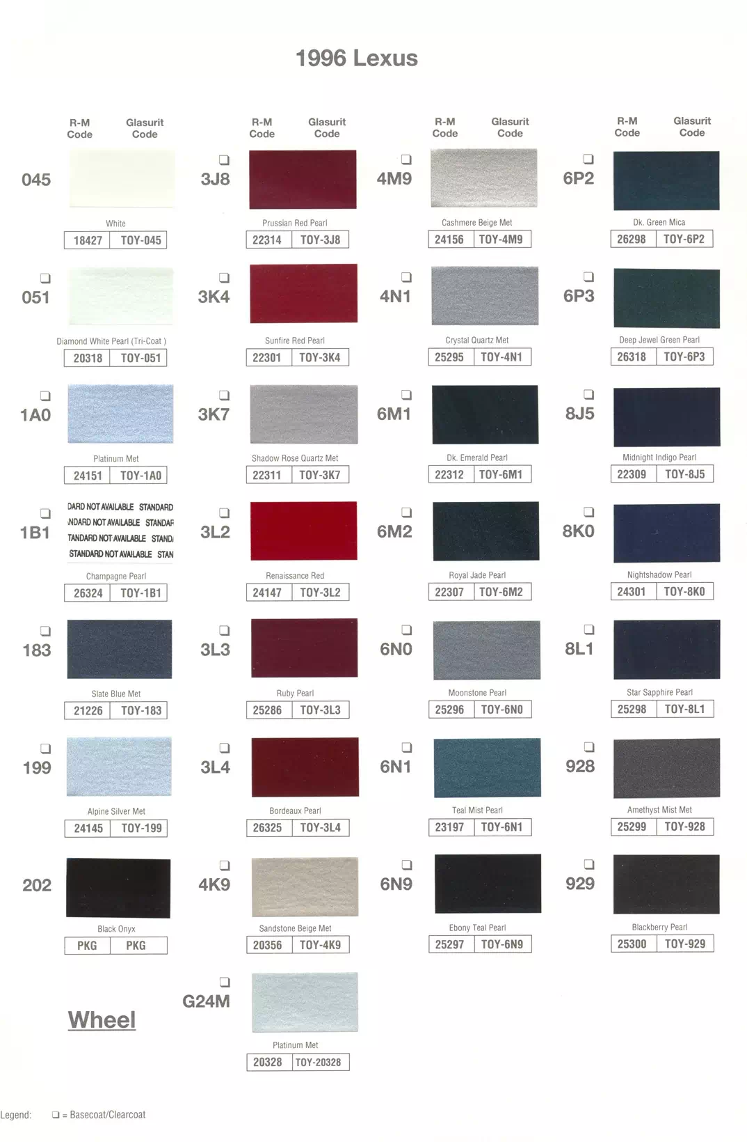 1996 Lexus Paint Codes & Color Chart Paint color examples, their ordering codes, the oem color code, and vehicles the color was used on