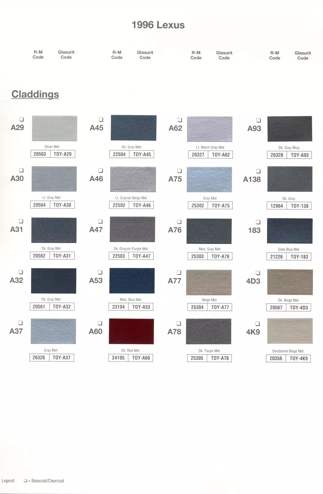 1996 Lexus Paint Codes & Color Chart Paint color examples, their ordering codes, the oem color code, and vehicles the color was used on