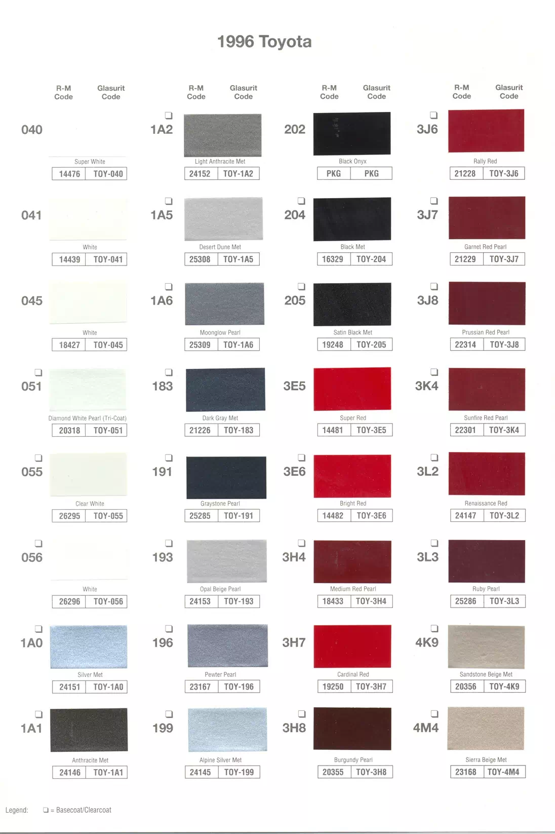 1996 Toyota Paint Codes and Color Chart Toyota and lexus vehicle paint codes for exterior cars, ordering codes and color shades
