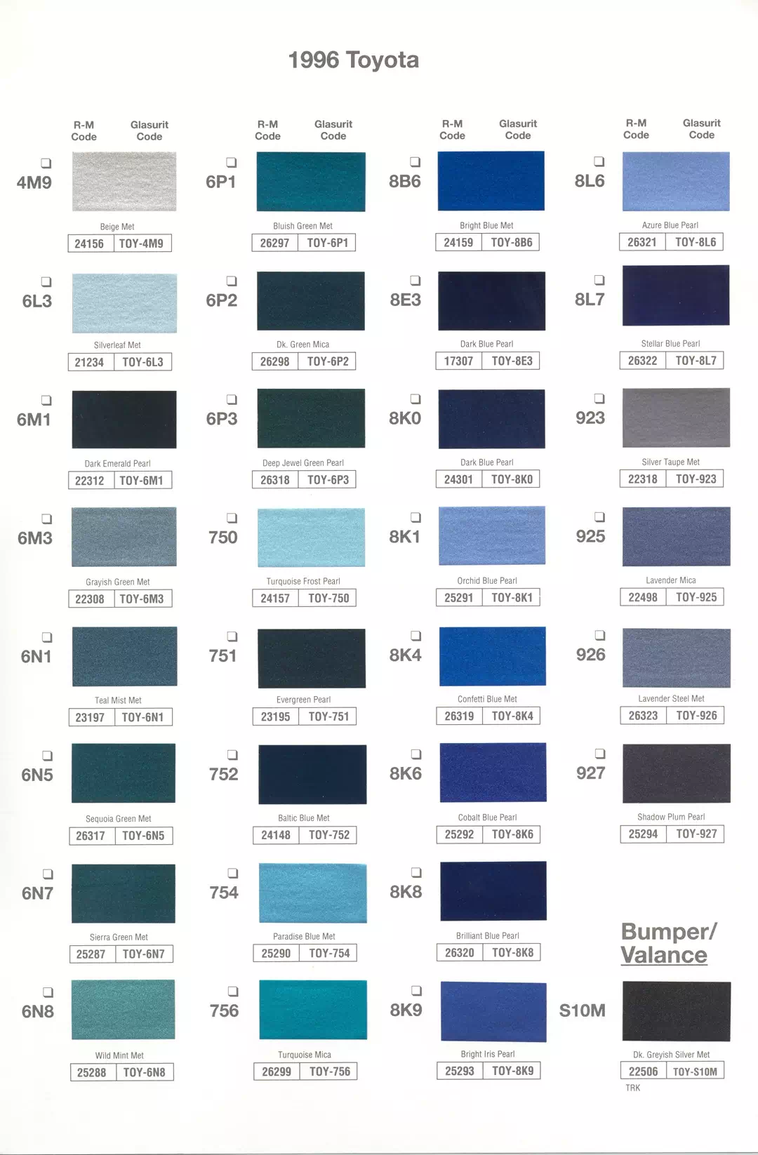 1996 Toyota Paint Codes & Color Chart Paint color examples, their ordering codes, the oem color code, and vehicles the color was used on