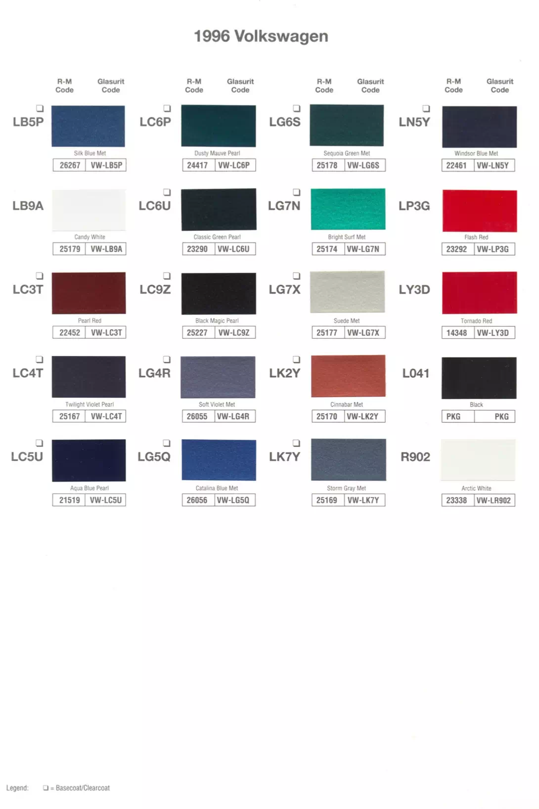 1996 Volkswagen Paint Codes & Color Chart Paint color examples, their ordering codes, the oem color code, and vehicles the color was used on