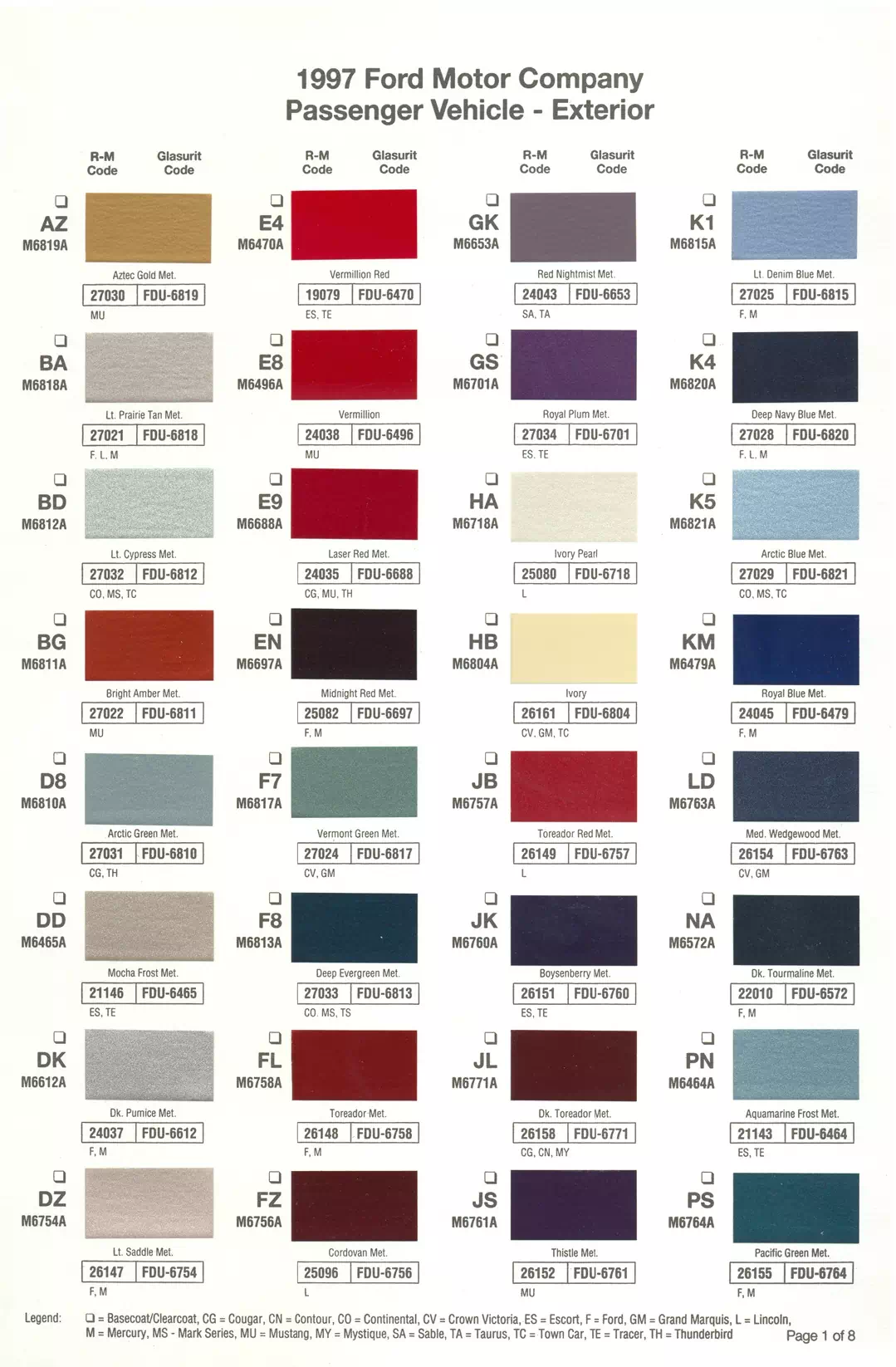 Paint color examples, their ordering codes, the oem color code, and vehicles the color was used on