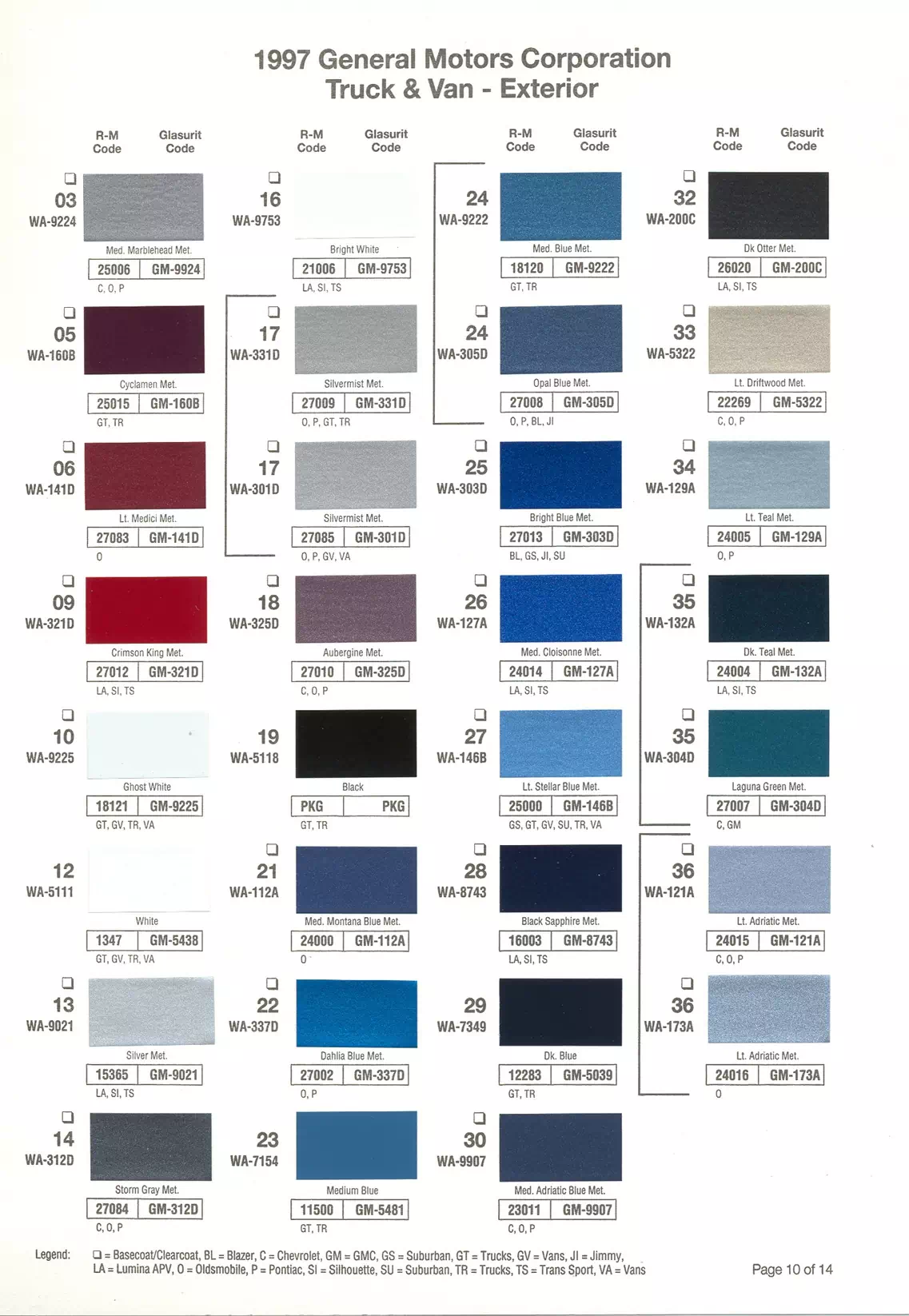 Paint color examples, their ordering codes, the oem color code, and vehicles the color was used on