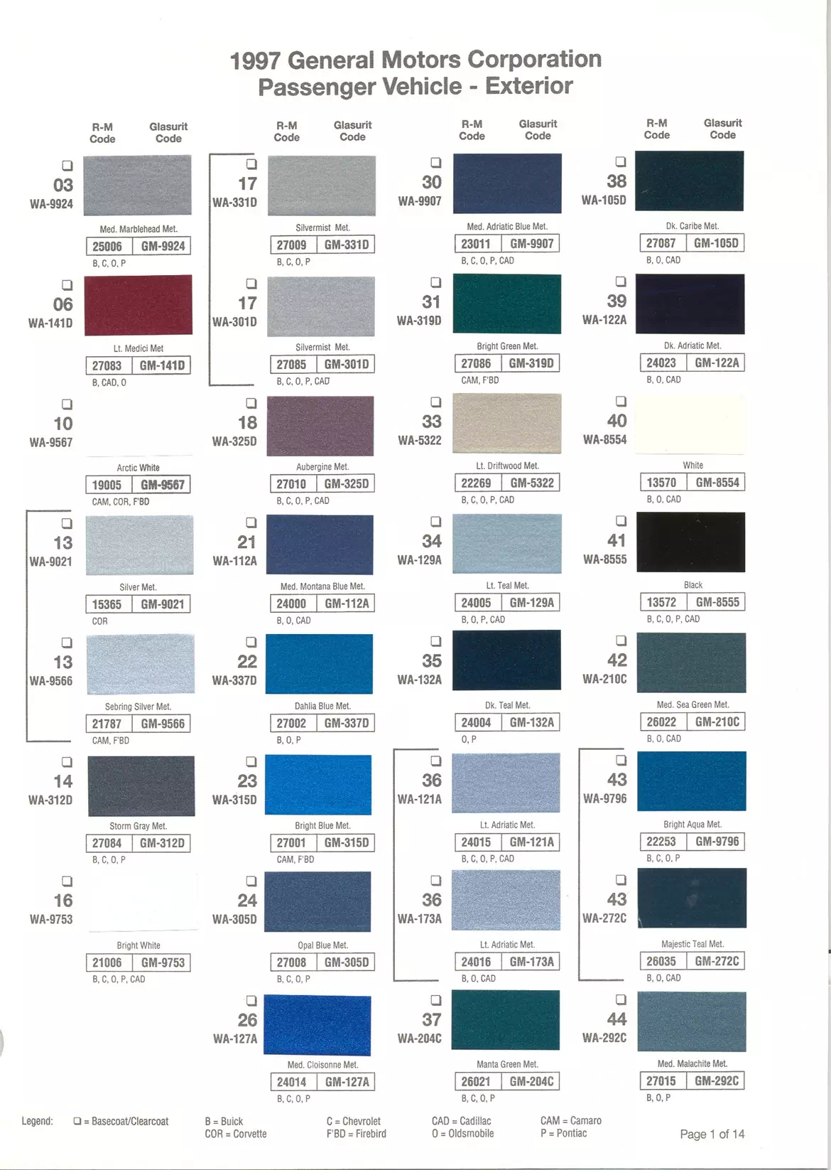 Paint color examples, their ordering codes, the oem color code, and vehicles the color was used on