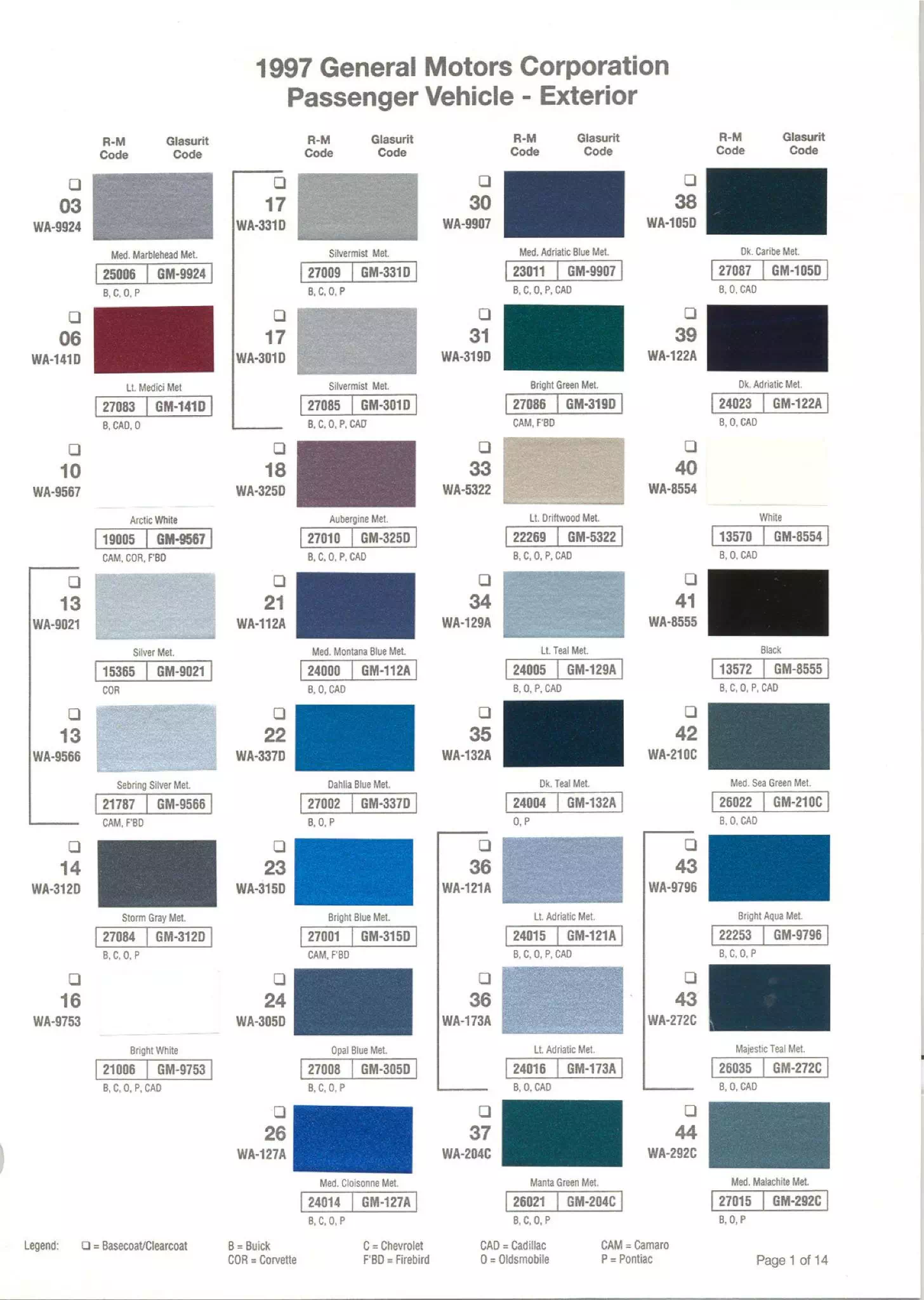 1997 Gm Paint Chart and Paint Codes Paint Codes and Color Examples for 1997 Chevrolet, Cadillac, Buick, GMC, Oldsmobile, Pontiac & Saturn Vehicles.