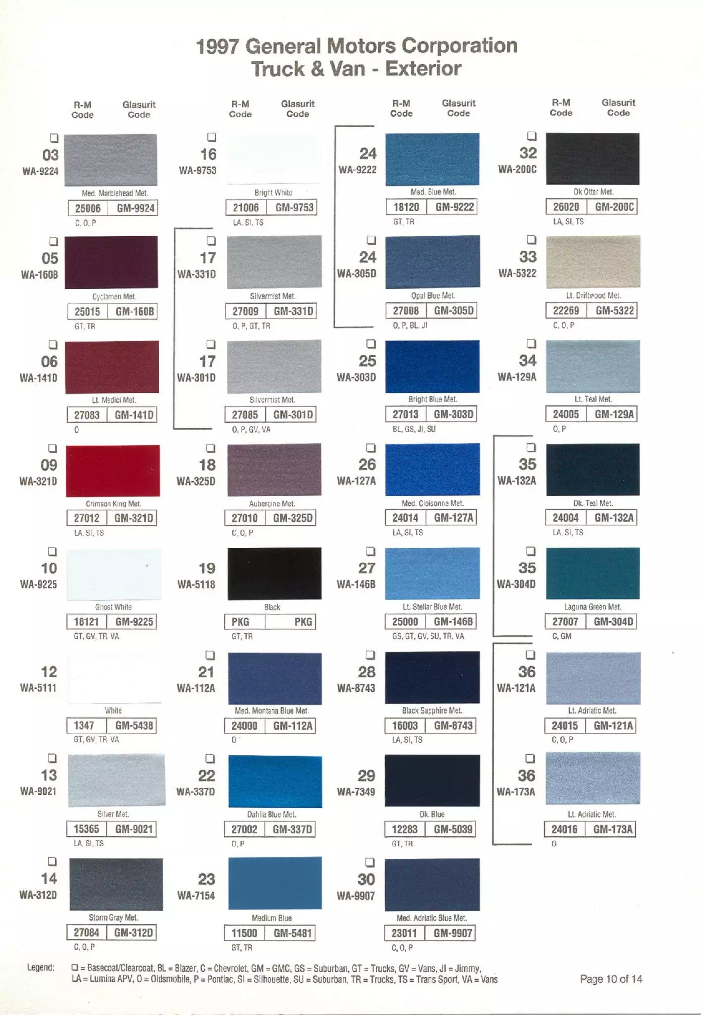 1997 Gm Paint Chart and Paint Codes Paint Codes and Color Examples for 1997 Chevrolet, Cadillac, Buick, GMC, Oldsmobile, Pontiac & Saturn Vehicles.