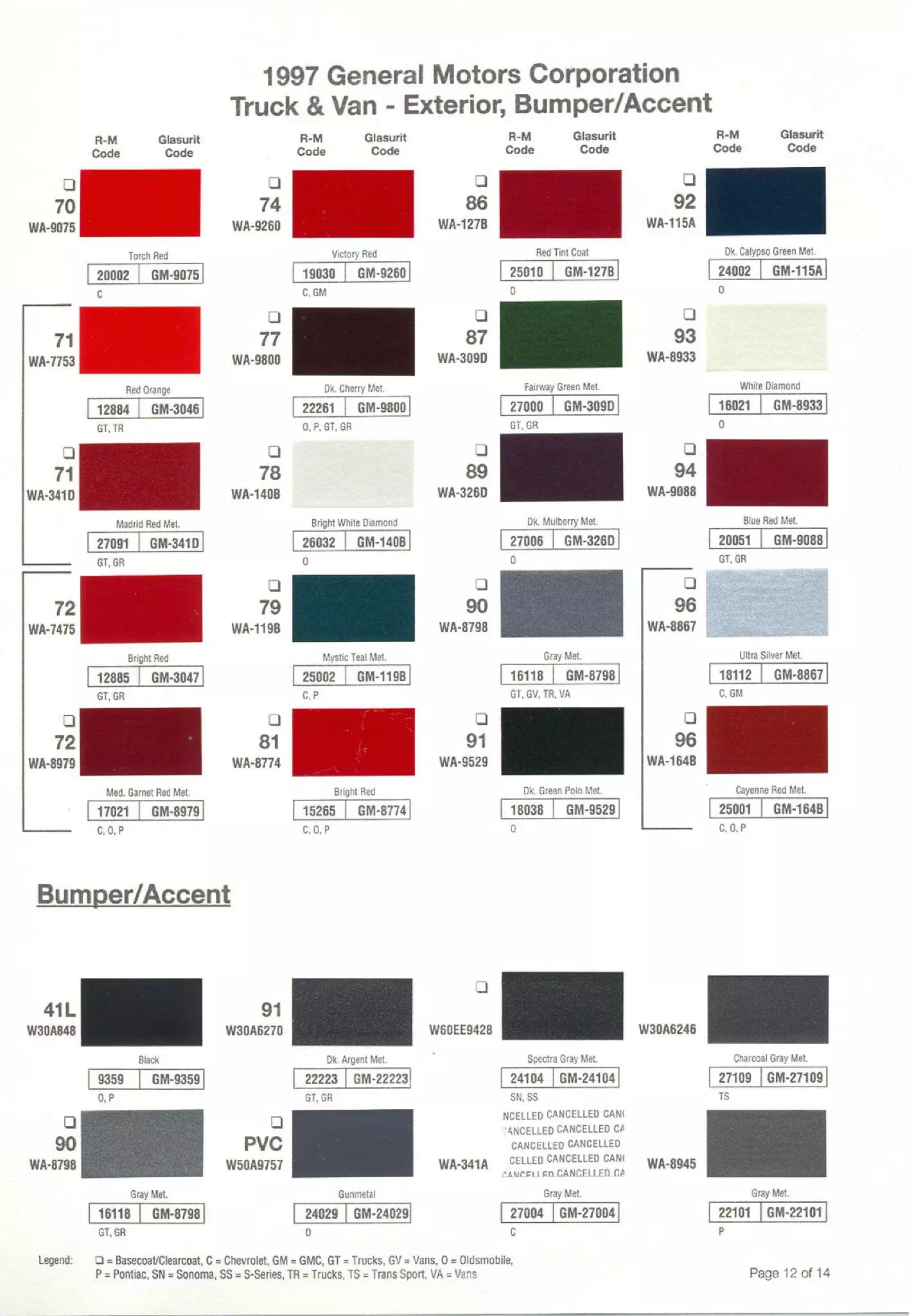 Paint Codes and Color Examples for 1997 Chevrolet, Cadillac, Buick, GMC, Oldsmobile, Pontiac & Saturn Vehicles.