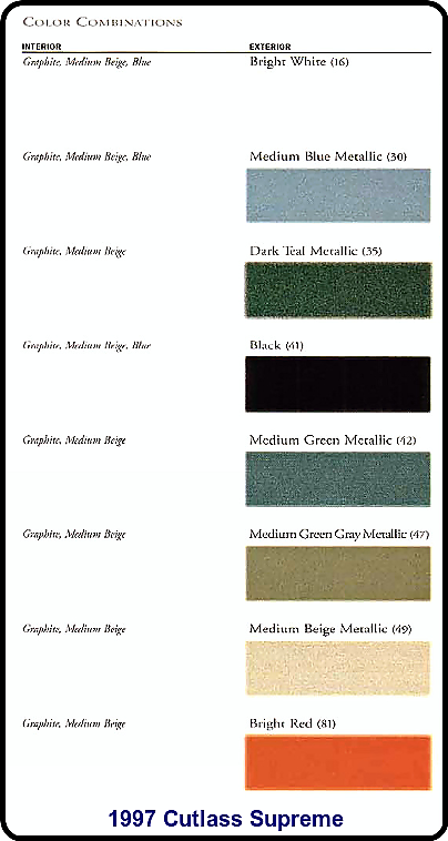 1997 Oldsmobile Cutlass Supreme Paint Chart 1997 Oldsmobile Paint codes and color swatches.