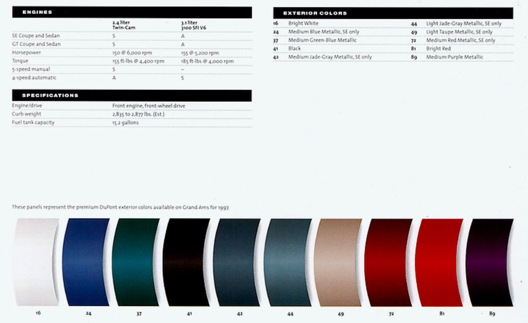 1997 Pontiac Grand Am Paint Chart 1997 Pontiac Paint codes and color swatches.