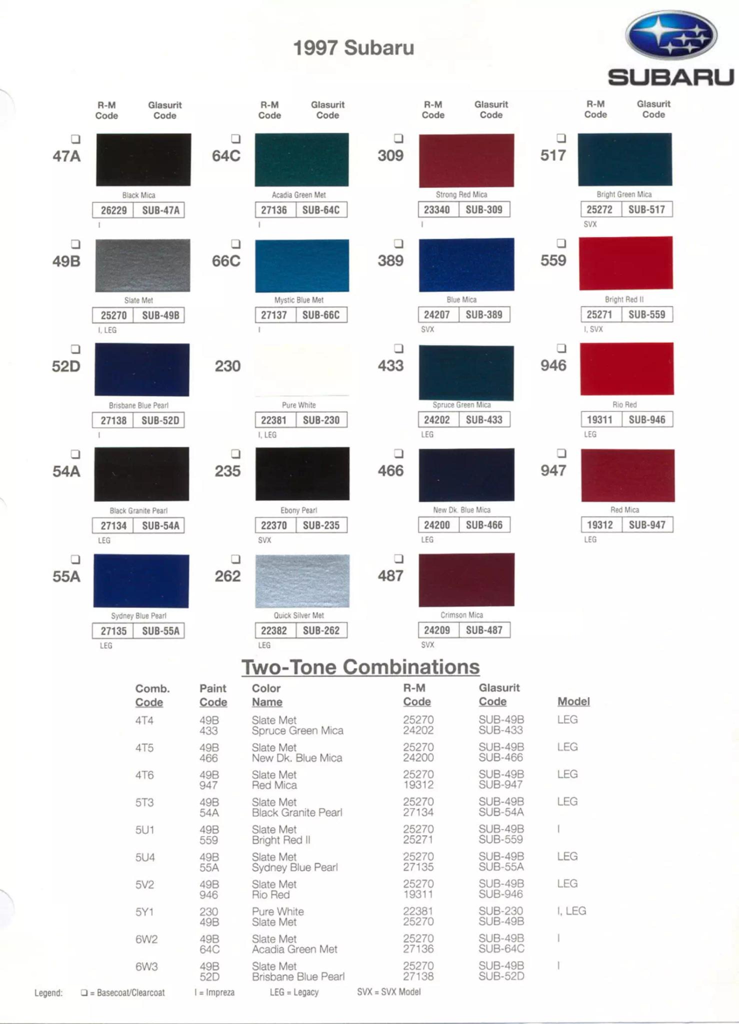 1997 Subaru Paint Chart1999 Subaru Paint Chart and Color Codes Paint Color and Codes Used By Subaru