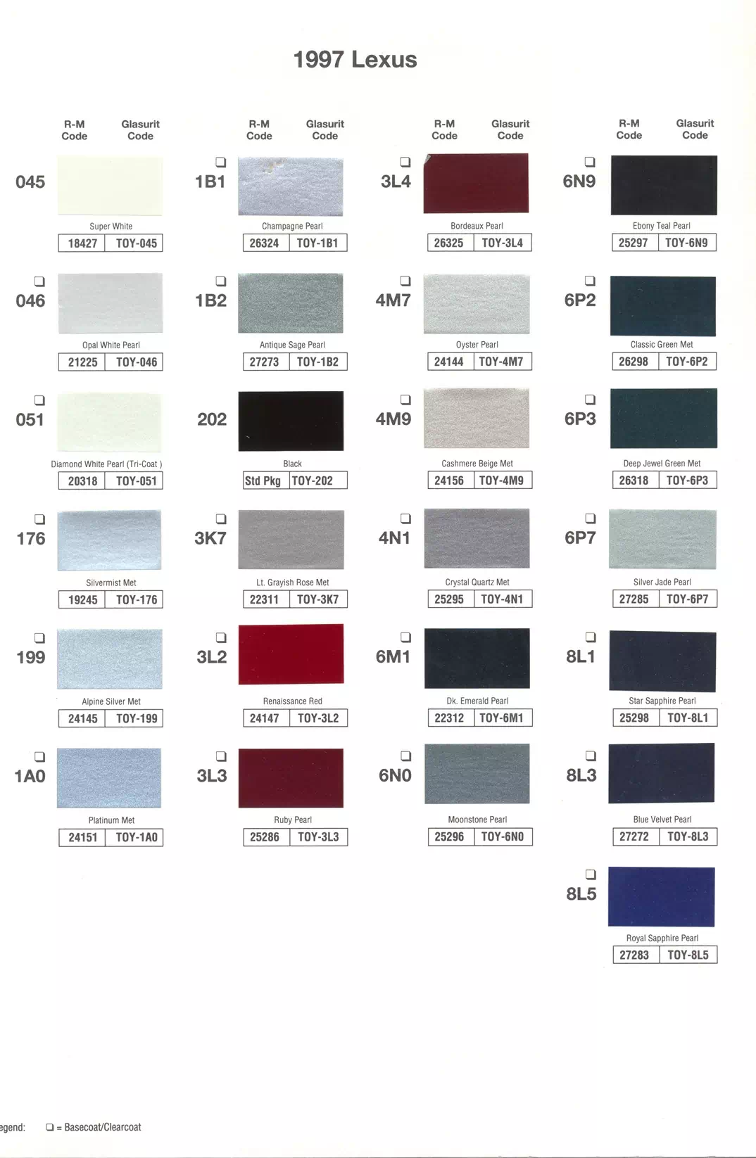1997 Lexus Paint Codes & Color Charts
