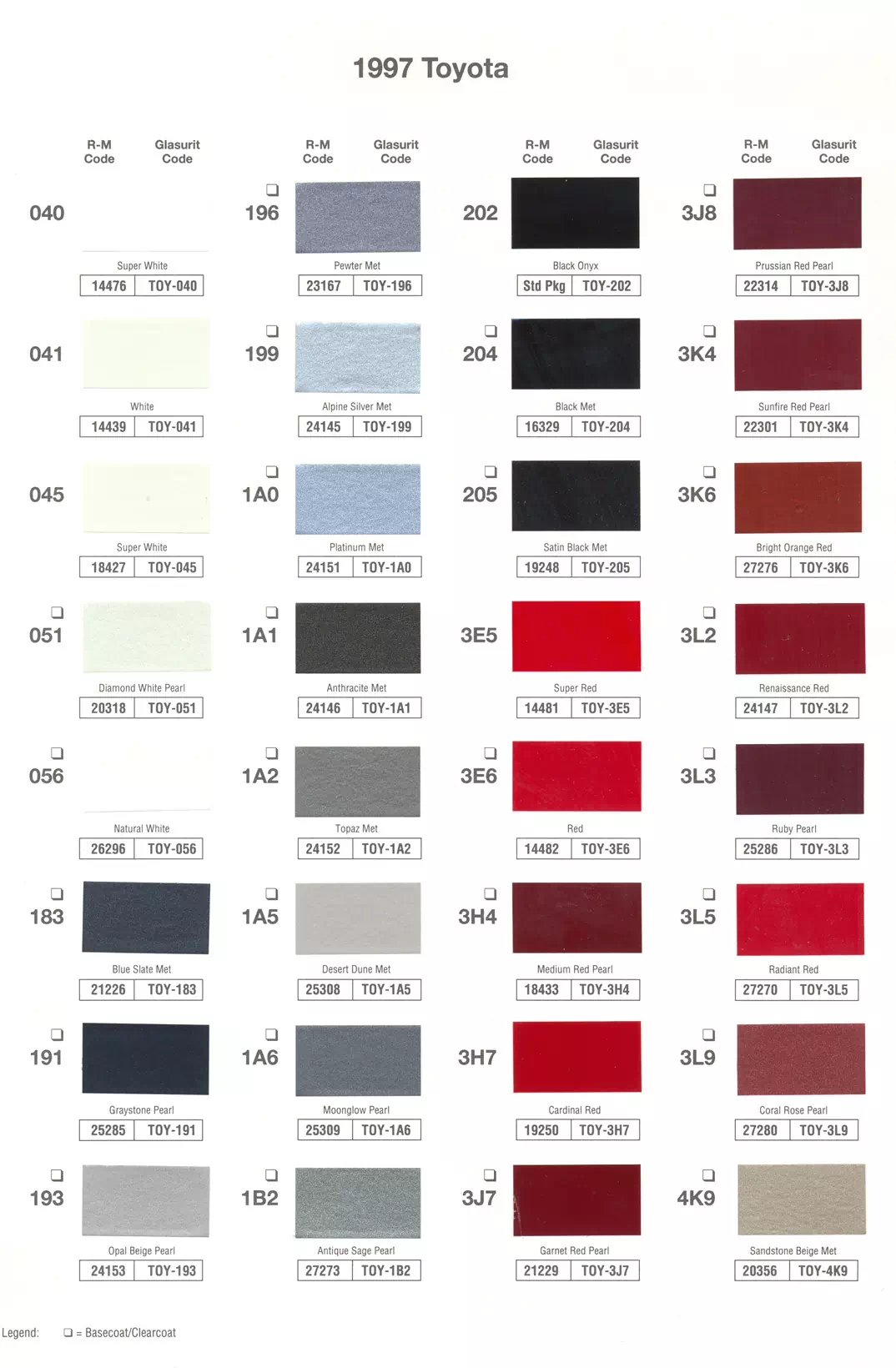 1997 Toyota Paint Codes & Color Charts