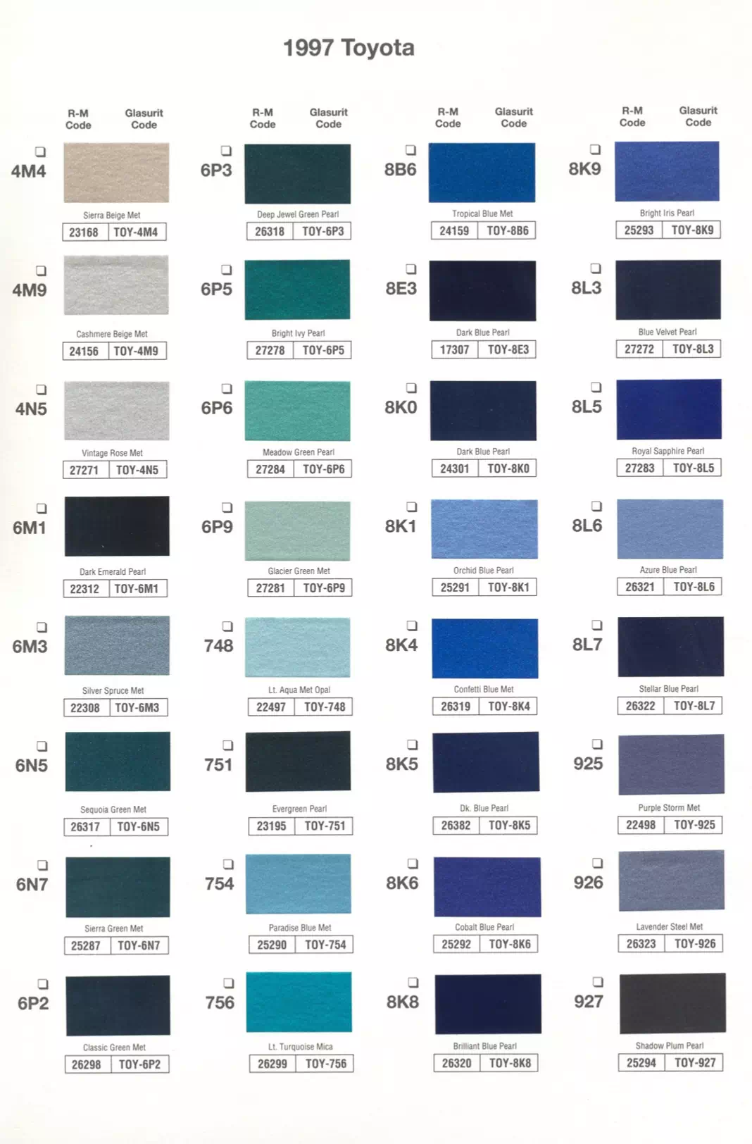 1997 Toyota Paint Codes & Color Charts