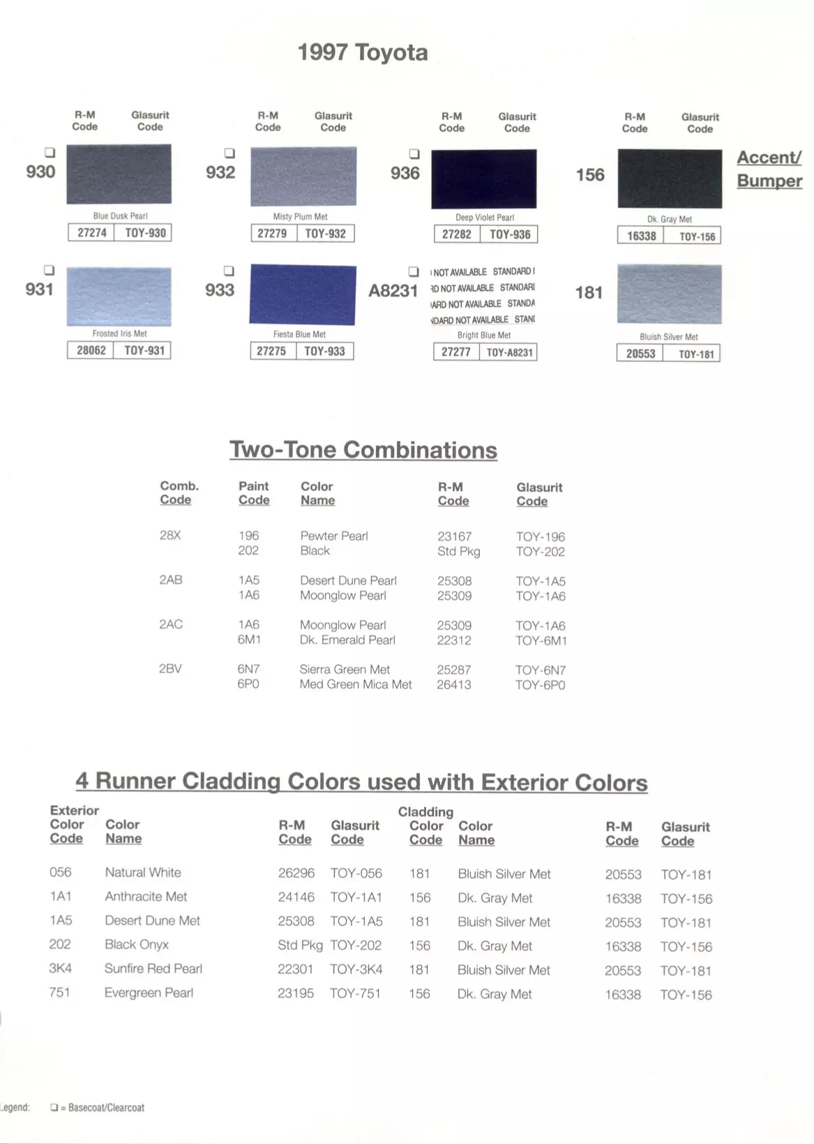 1997 Toyota Paint Codes & Color Charts