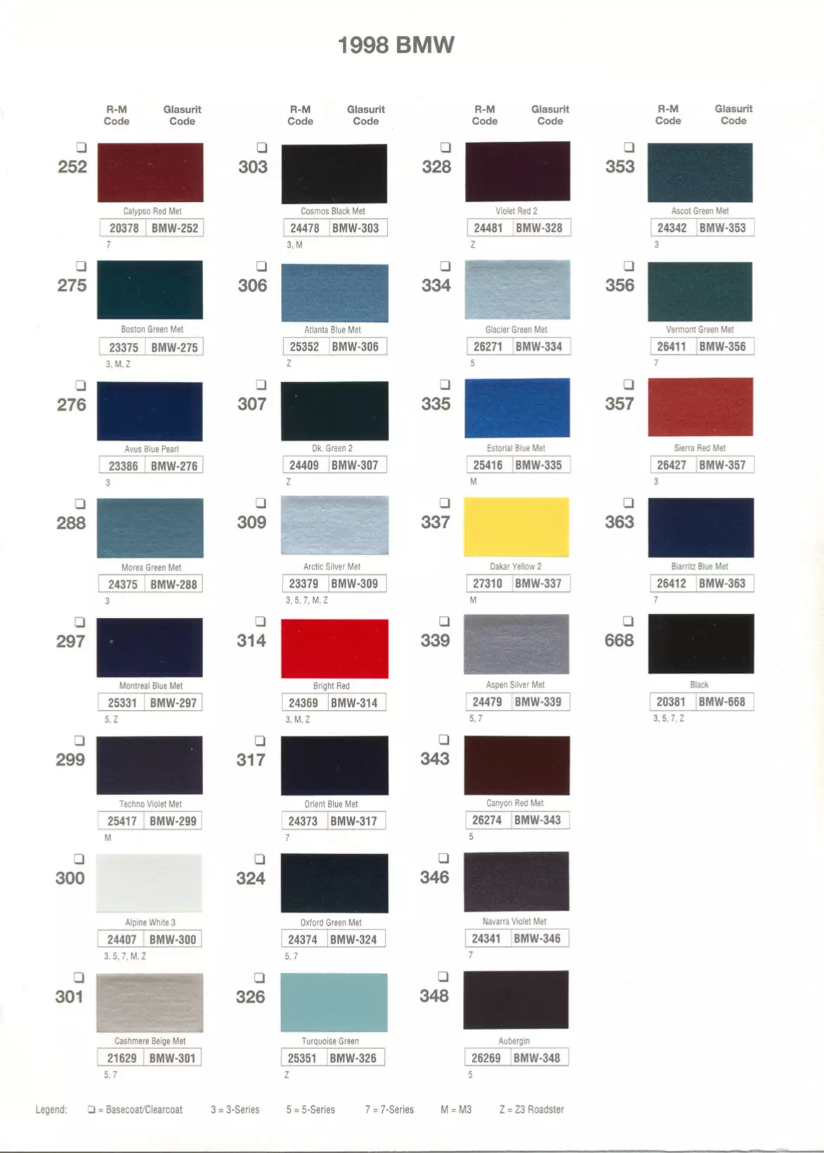 1998 Bmw Paint Codes & Color Chart Paint color examples, their ordering codes, the oem color code, and vehicles the color was used on