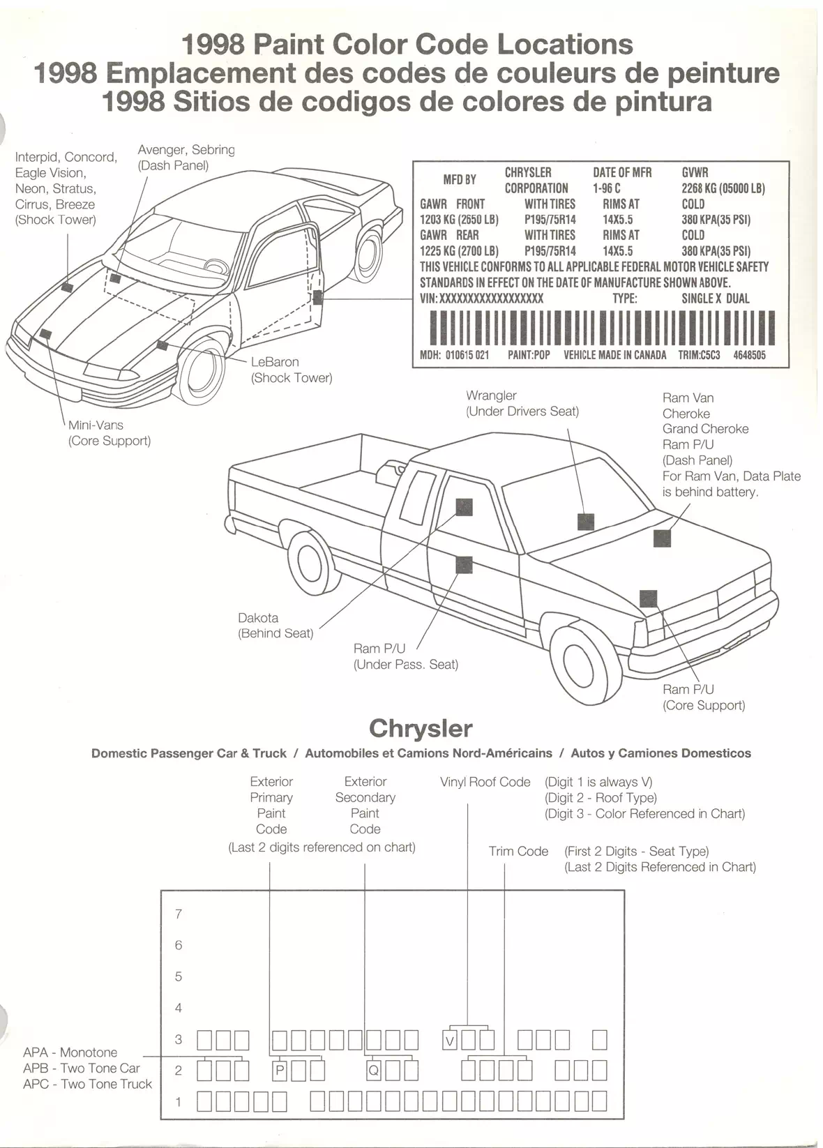 1998 Chrysler, Dodge, Jeep & Plymouth Paint Code Location Paint color examples, their ordering codes, the oem color code, and vehicles the color was used on