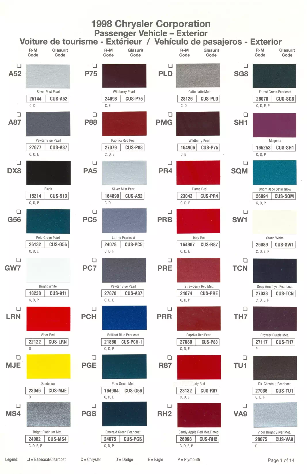 1998 Chrysler, Dodge, Jeep & Plymouth Paint Codes & Color Chart Paint color examples, their ordering codes, the oem color code, and vehicles the color was used on