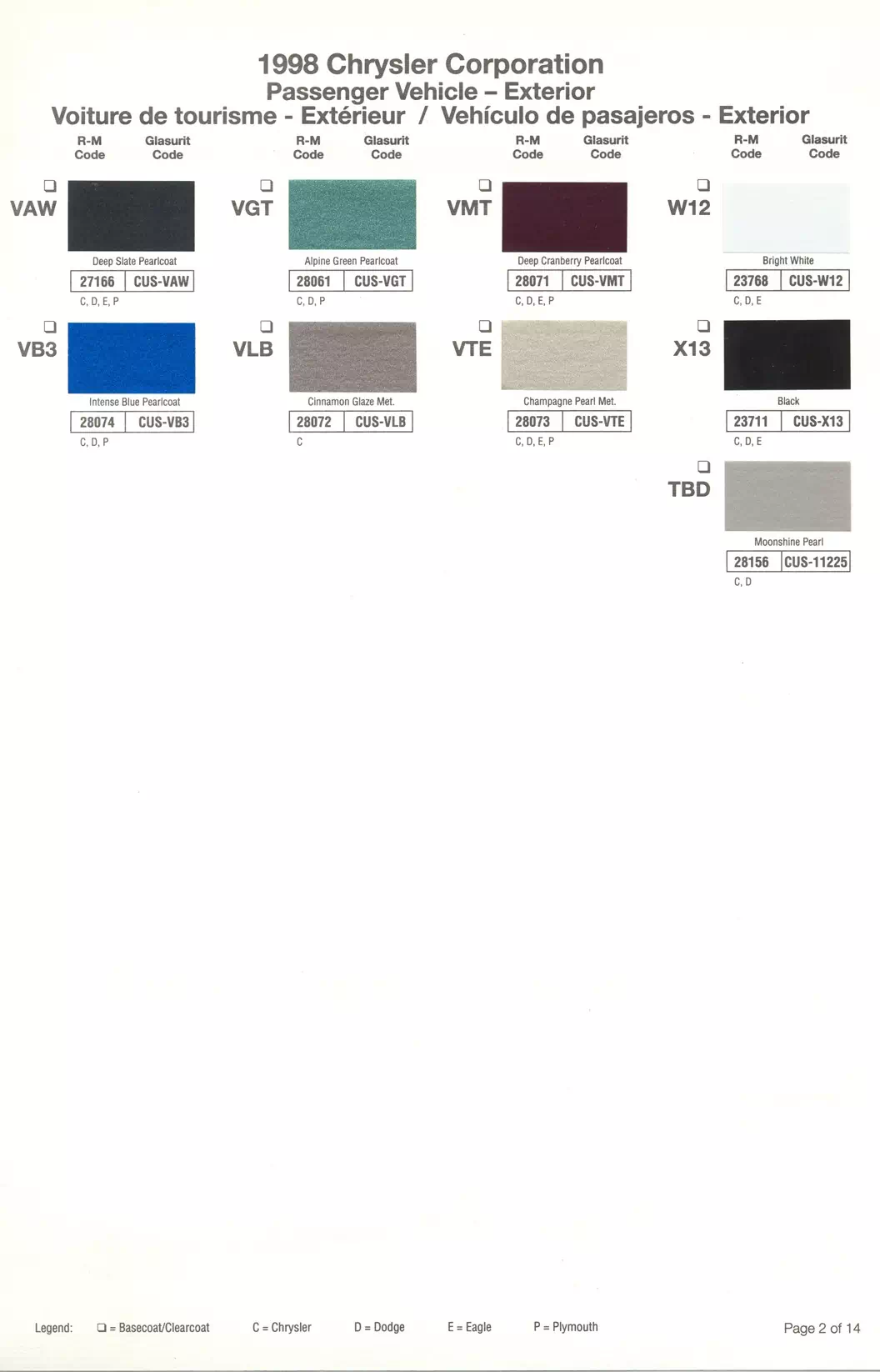1998 Chrysler, Dodge, Jeep & Plymouth Paint Codes & Color Chart Paint color examples, their ordering codes, the oem color code, and vehicles the color was used on