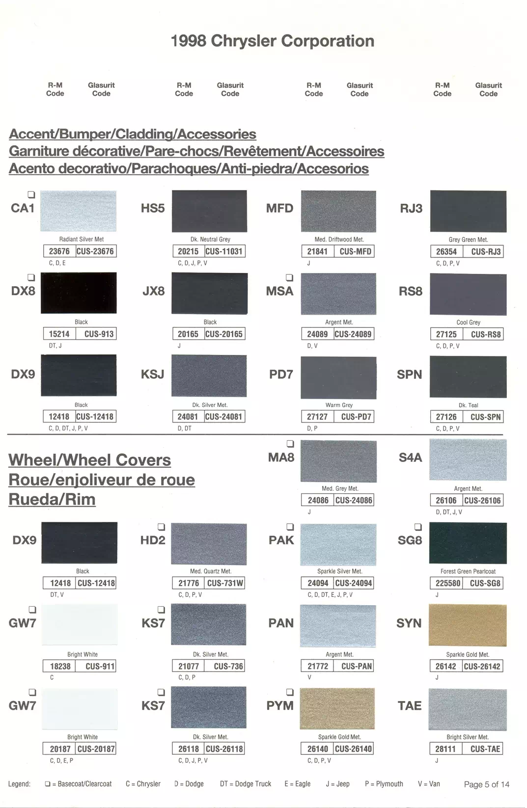 1998 Chrysler, Dodge, Jeep & Plymouth Paint Codes & Color Chart Paint color examples, their ordering codes, the oem color code, and vehicles the color was used on
