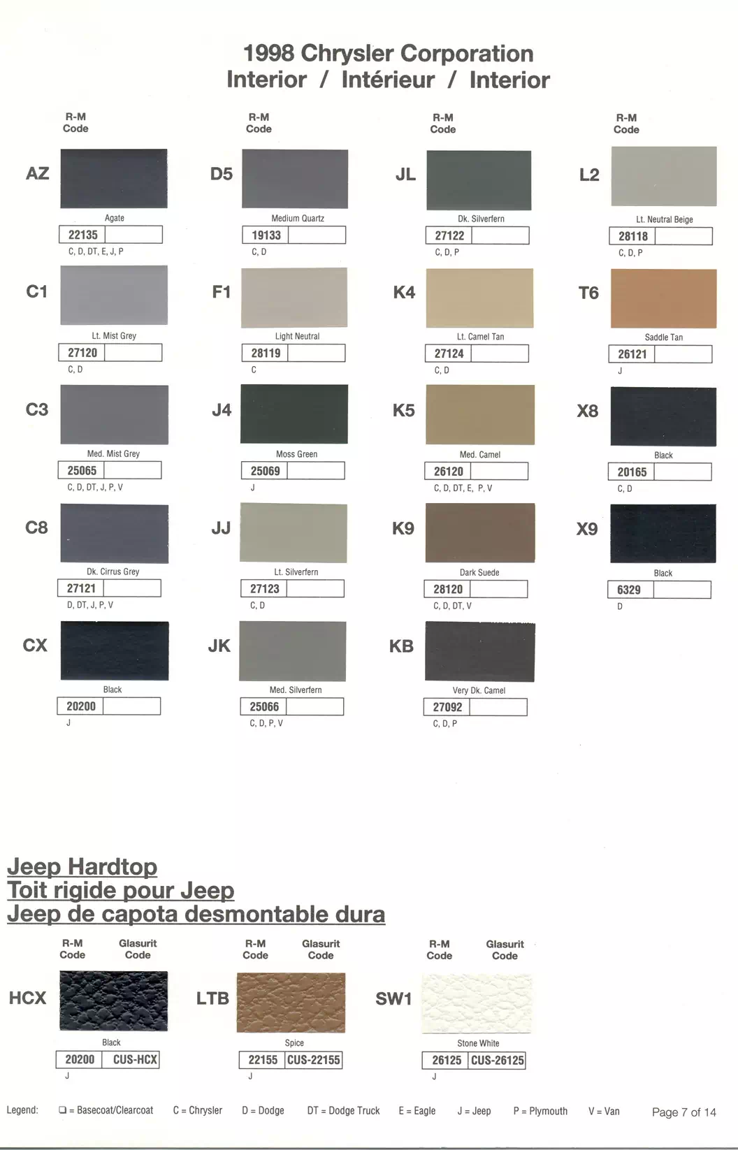1998 Chrysler, Dodge, Jeep & Plymouth Paint Codes & Color Chart Paint color examples, their ordering codes, the oem color code, and vehicles the color was used on