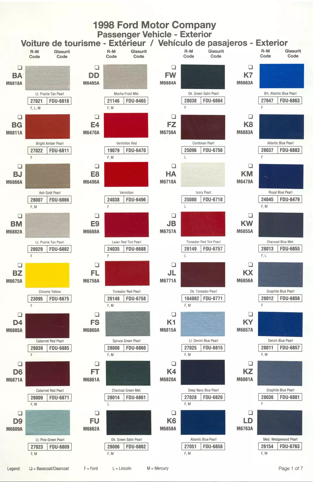 1998 Ford, Lincoln & Mercury Paint Codes & Color Chart Paint color examples, their ordering codes, the oem color code, and vehicles the color was used on