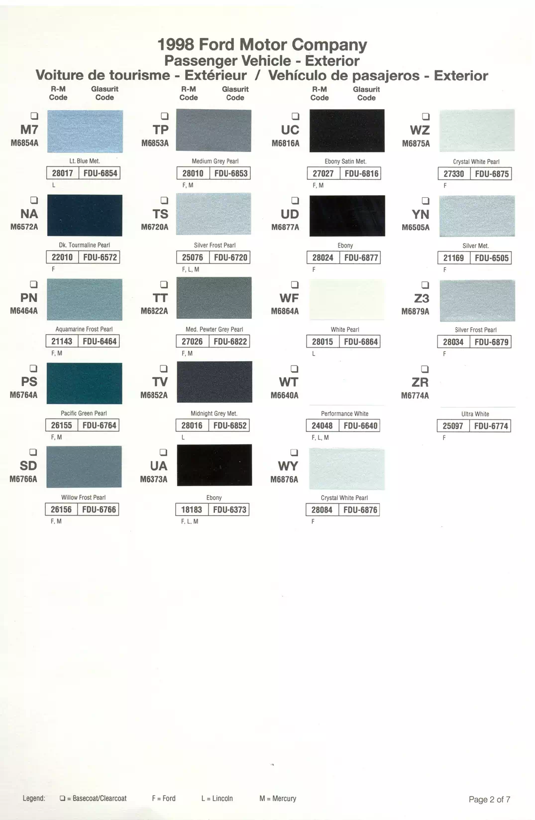 1998 Ford, Lincoln & Mercury Paint Codes & Color Chart Paint color examples, their ordering codes, the oem color code, and vehicles the color was used on