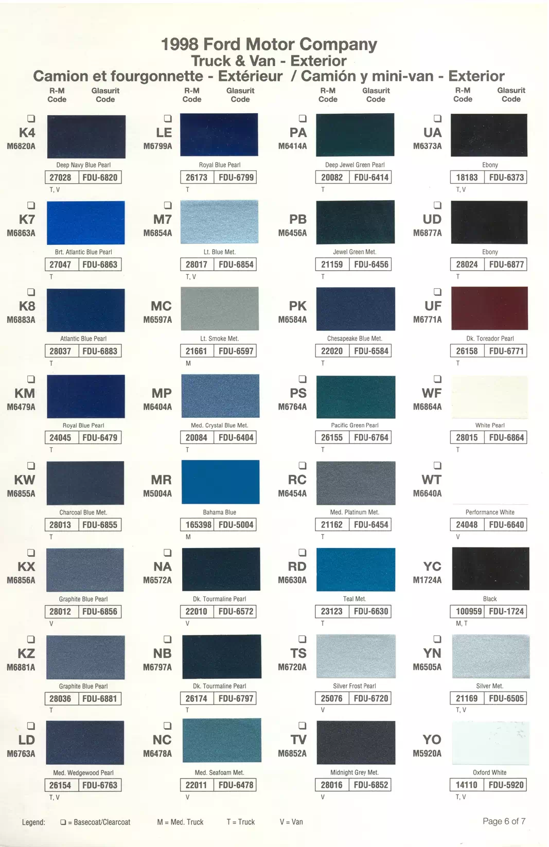 1998 Ford, Lincoln & Mercury Paint Codes & Color Chart Paint color examples, their ordering codes, the oem color code, and vehicles the color was used on