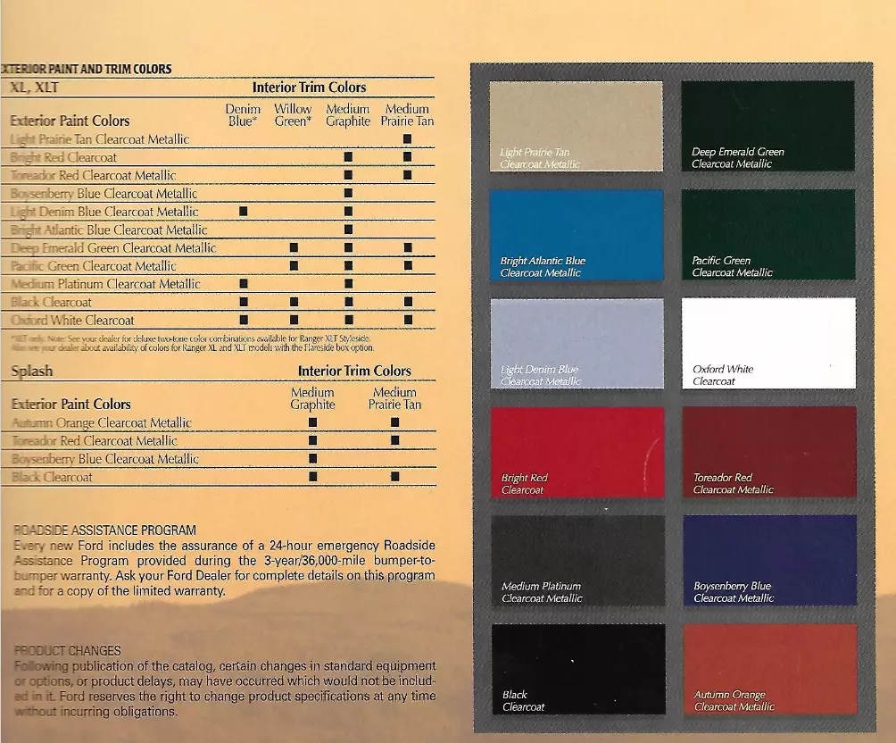 Color Chart for the Ford Ranger vehicle