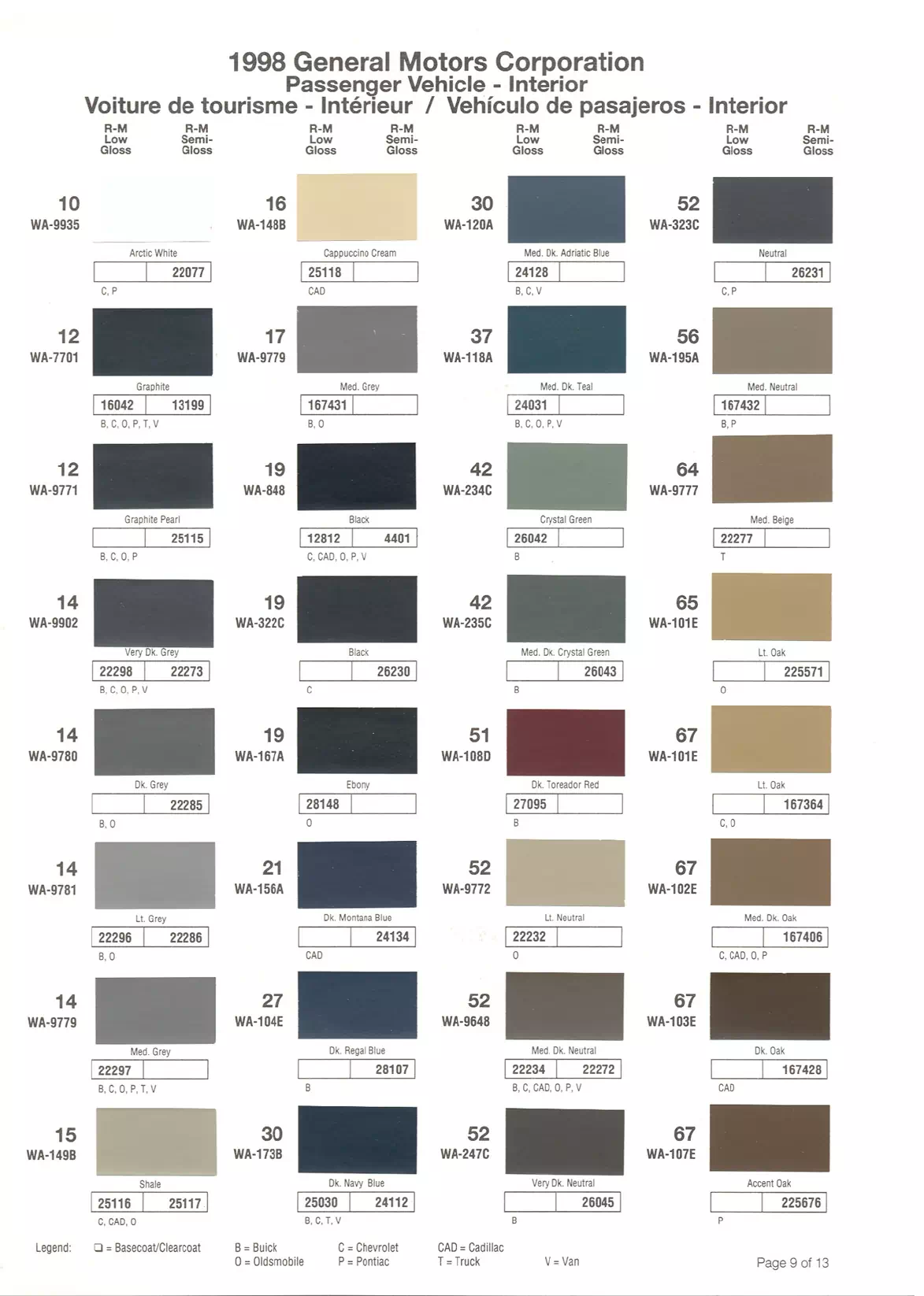 1998 General Motors Paint Codes & Color Chart Paint color examples, their ordering codes, the oem color code, and vehicles the color was used on