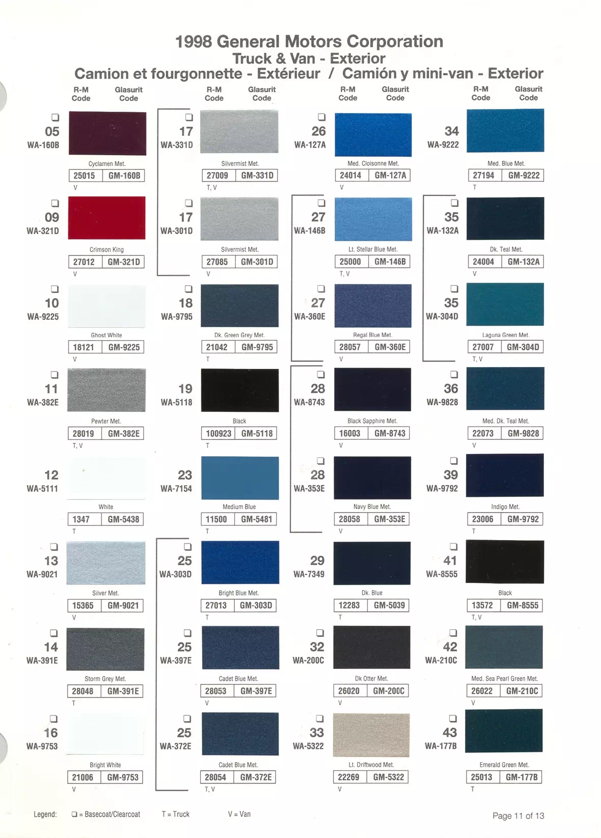 1998 General Motors Paint Codes & Color Chart Paint color examples, their ordering codes, the oem color code, and vehicles the color was used on