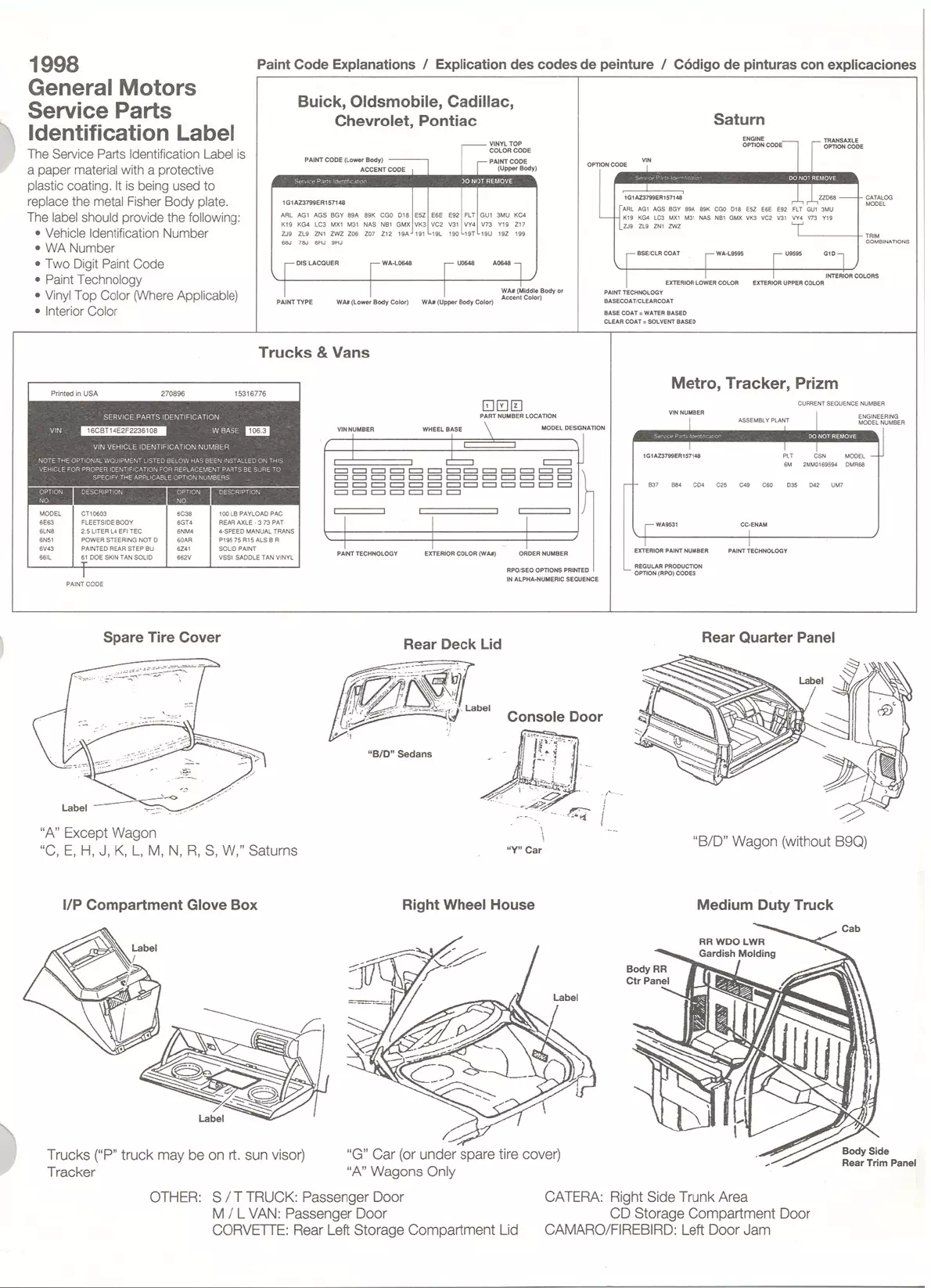 1998 General Motors Paint Codes & Color Chart