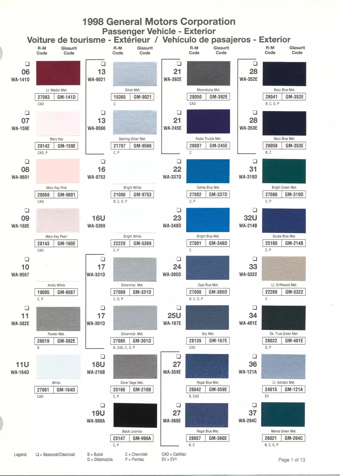 1998 General Motors Paint Codes & Color Chart